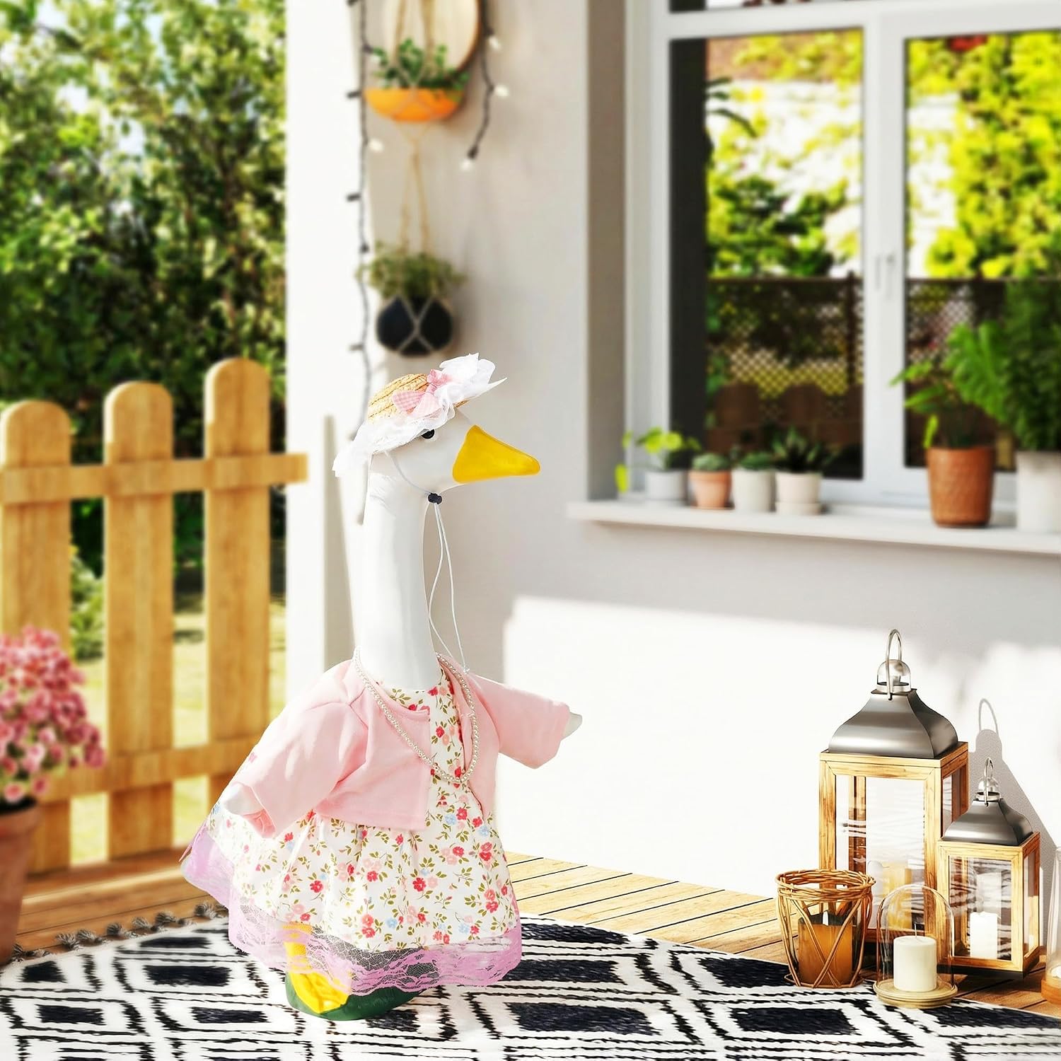 Spring Porch Goose Outfit, Goose Clothes for with Floral Dress, Pearl Necklace, Bow Straw Hat for 23 Inch Lawn Statue, Porch Goose Clothes for Lawn Yard Garden Patio Decor