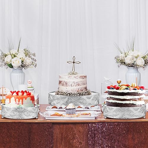 Miniatura 6 de Skylety Juego de 3 soportes redondos para tartas de boda, 10, 12, 14 pulgadas, de metal, elegante, soporte de exhibición de postres, espejo