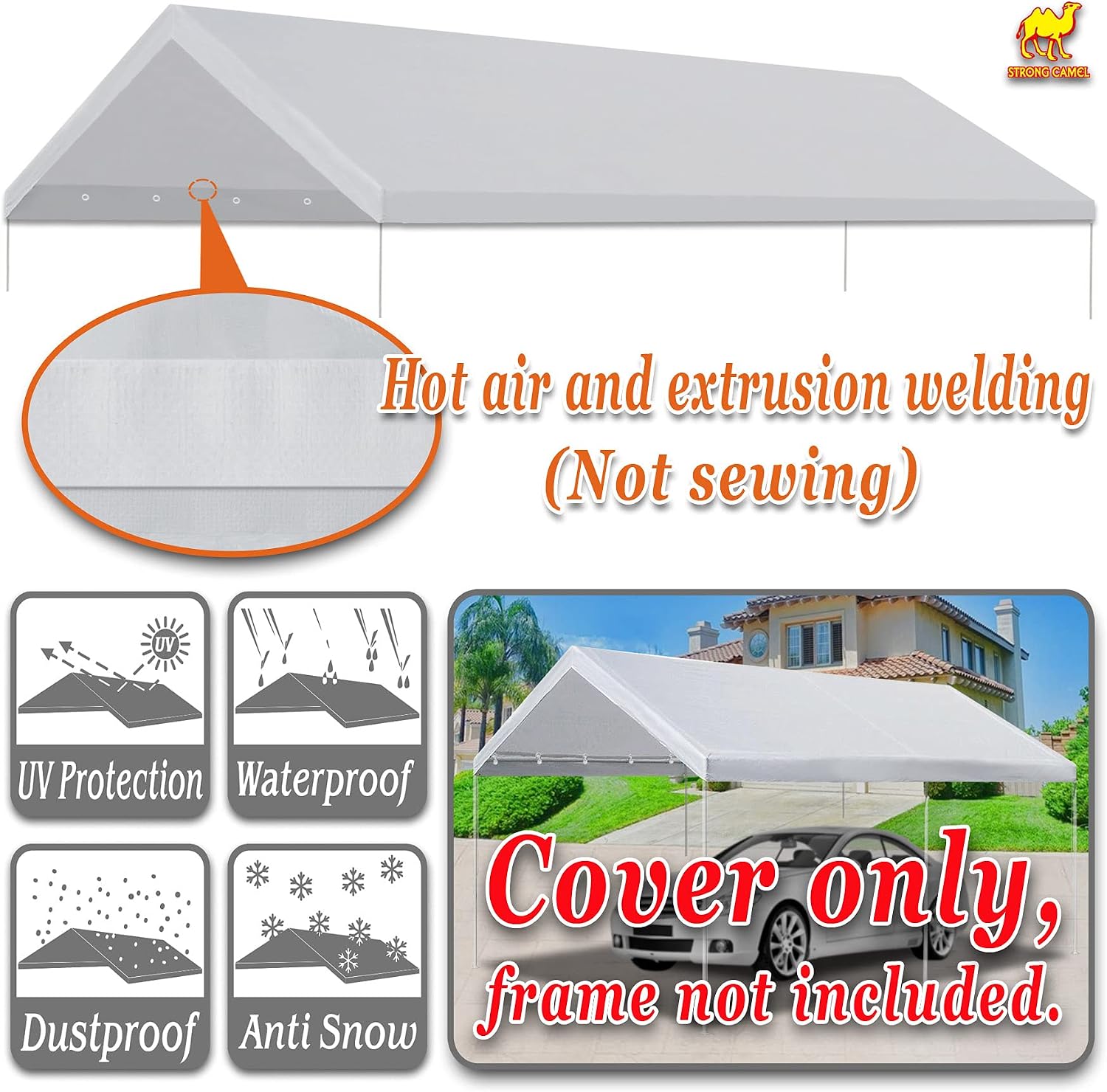 12 x 20' Carport Replacement Canopy Roof Cover for Garage Shelter Carport Gazebo with Ball Bungees White