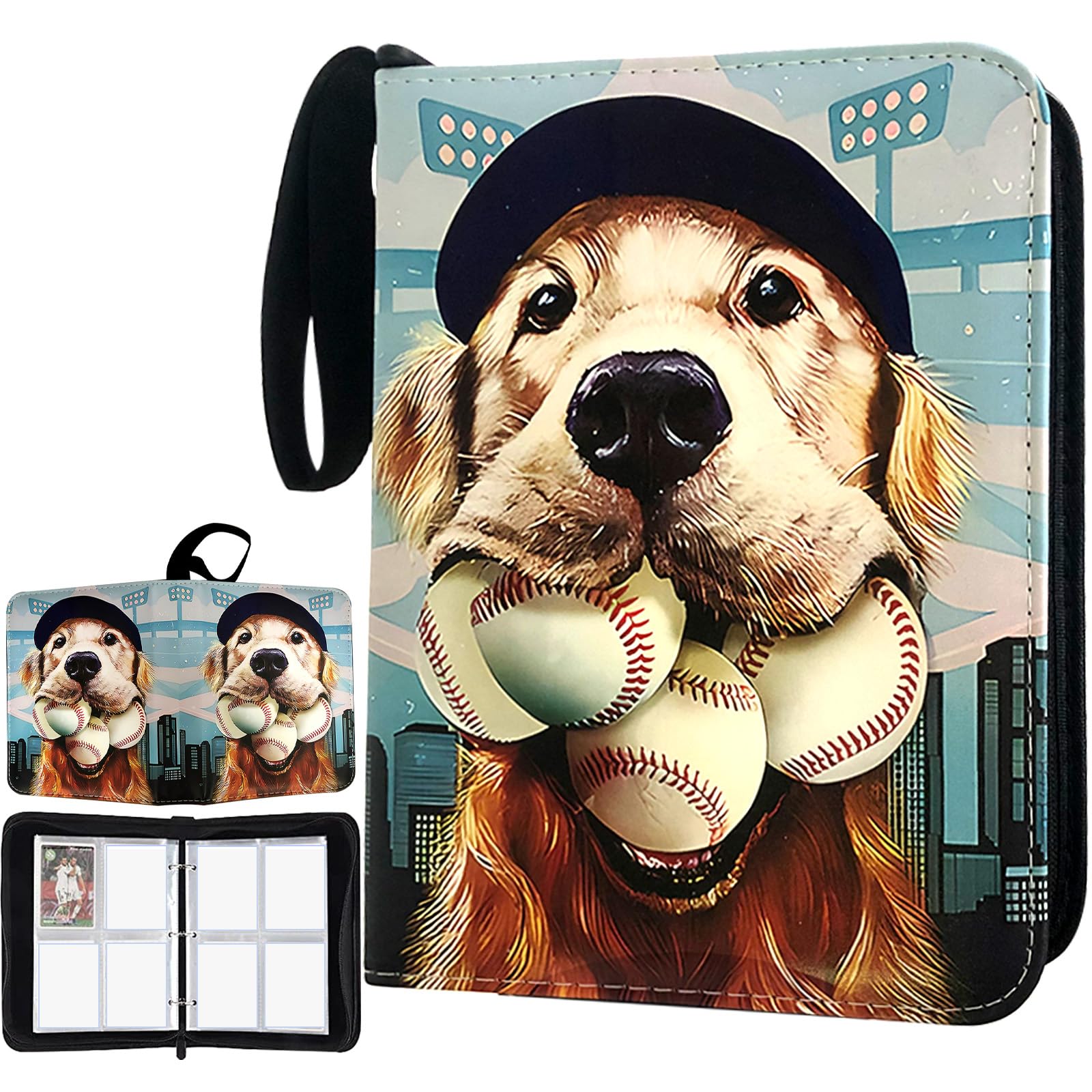 400 Pockets Baseball Card Binder, Trading Card Binder 4 Pocket with 50 Removable Sleeves Fits 400 Sport Cards, 3 Ring Card Holder Binder with Zipper, Collector Storage Album