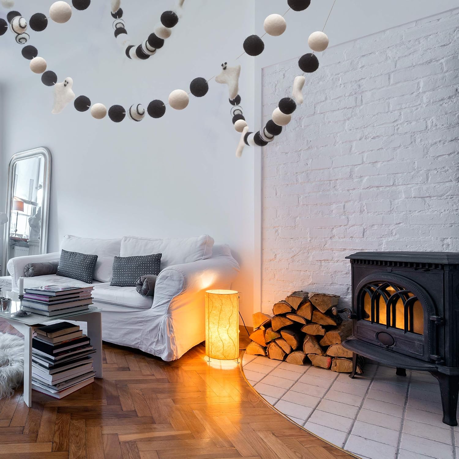 Glaciart One Felt Balls + Ghost Garland - Easy to Hang Halloween Party Banner Decoration - 100% New Zealand Wool, Hand-Felted in Nepal - 5' Long, 35 White & Black Pom Poms, 4 Ghost Ornaments