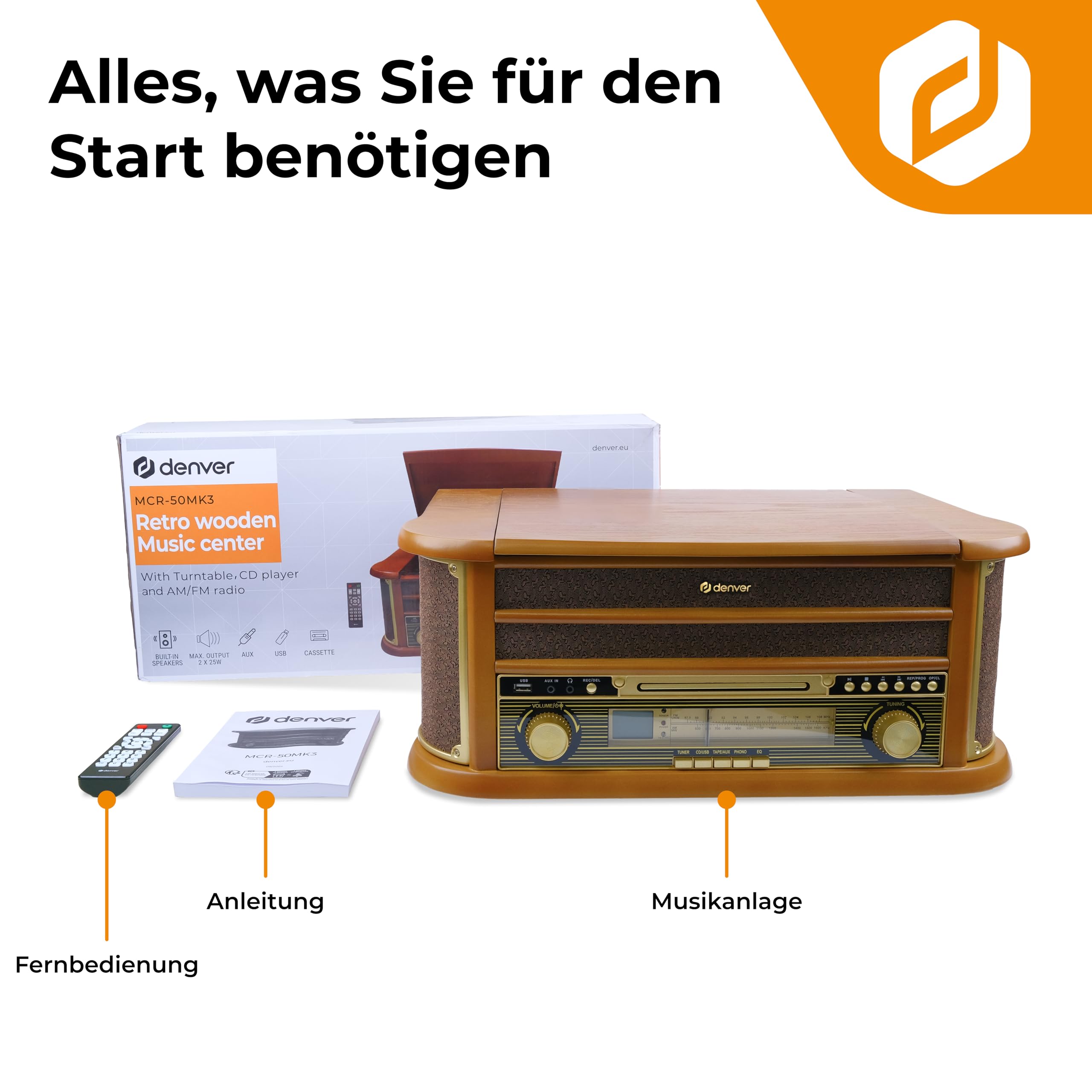 Denver MCR-50 Retro Musikanlage mit Plattenspieler mit Lautsprecher, Braun - Schallplattenspieler mit USB, Kassette & CD Support