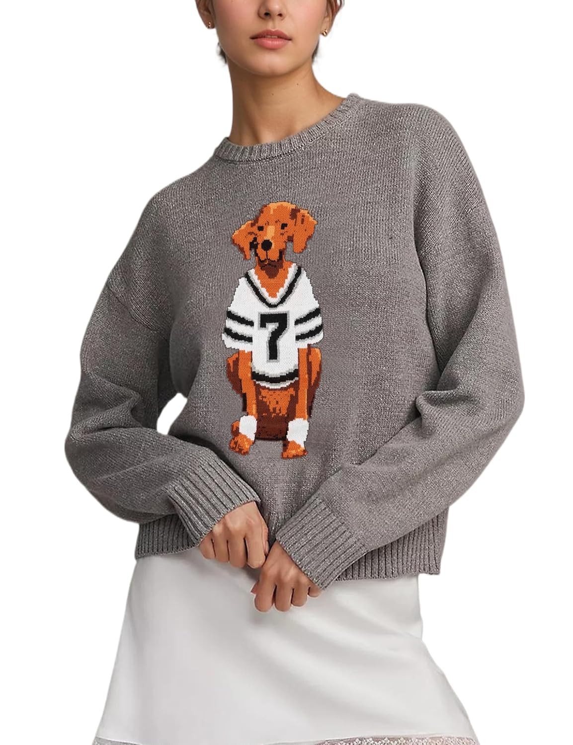 MISSACTIVER Dog Print Fall Sweaters for Women Long Sleeve Casual Crew Neck Graphic Pullover Knit Tops Trendy Outfits