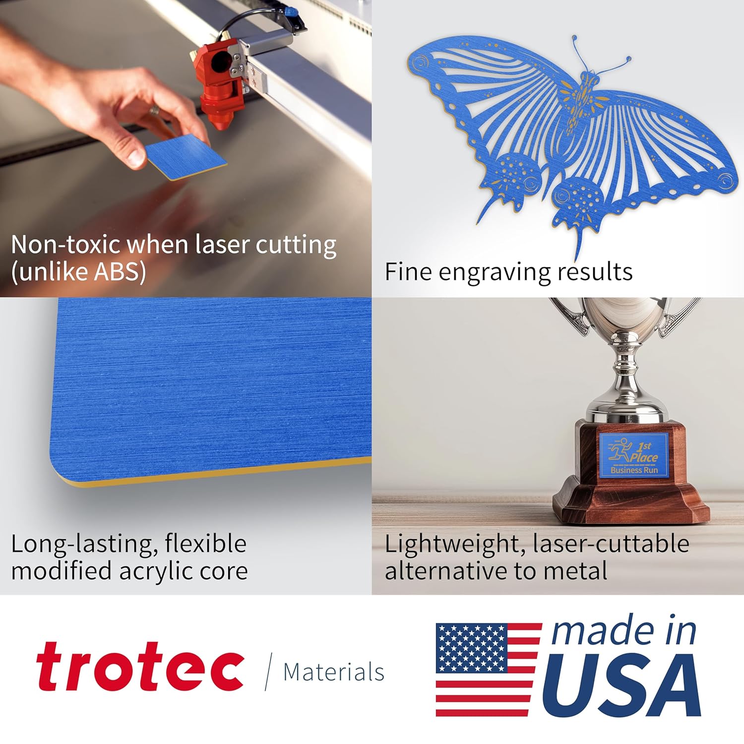 Trotec | Thin Acrylic Sheet | 24”x12”x1/50”, 4 Pcs | 2 Ply | Blue/Gold | Matte, Gloss & Brushed Metal Finish | Acrylic Panels for Laser Engraving, Trophy Plates, Interior Signs & Badges