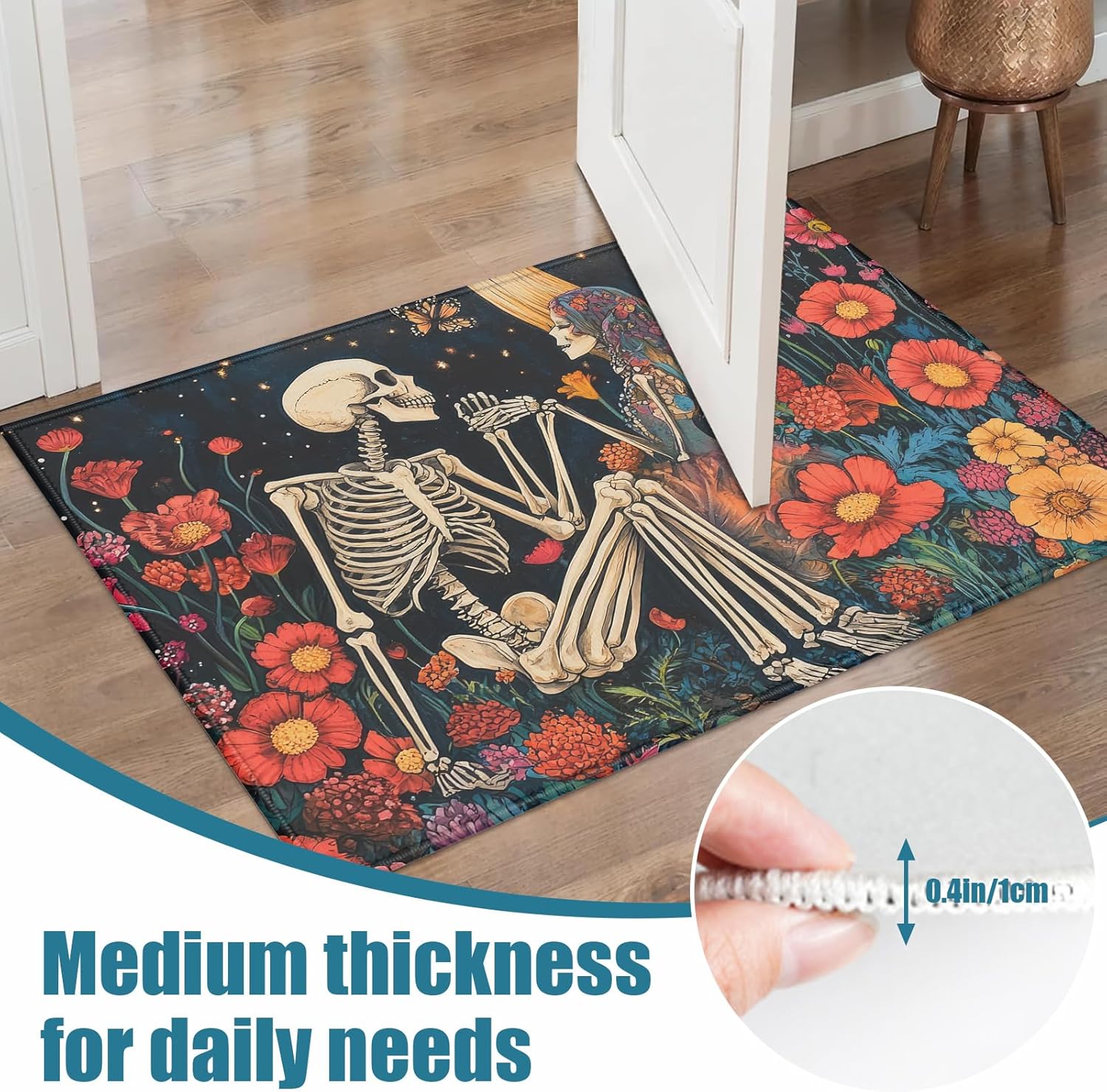 Skull Colorful Flower Indoor Door Mat, Outdoor Entrance Doormat for Entryway Kitchen Bathroom 17 X 29 Inch