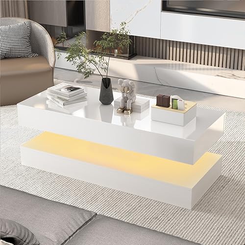 Miniatura 7 de Uspeedy Mesa auxiliar grande de 47.3 pulgadas con LED de alto brillo con 2 cajones de almacenamiento, mesas de centro modernas en negro y blanco