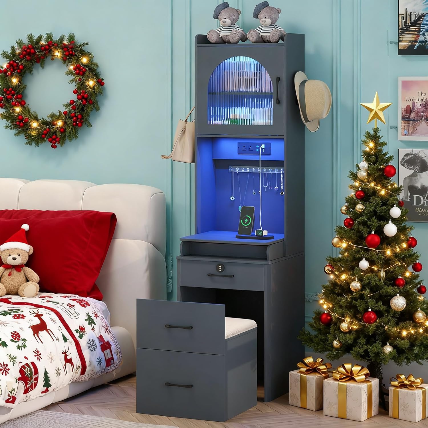 Small Vanity Desk with Mirror and Lights, Makeup Vanity Table with Drawers for Small Space, Compact Mini Corner Vanity Set Dressing Table - Charging Station & Human Motion Sensing for Bedroom (Gray)