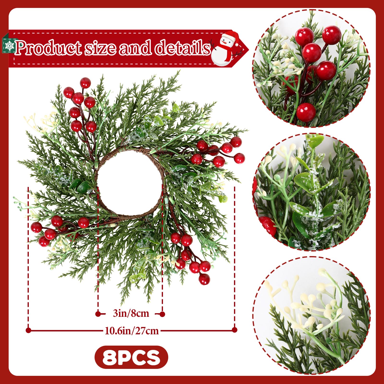 Anillos de Vela de Navidad de 27 cm, Guirnalda Artificial, Portavelas para Pilar, Decoración de Mesa