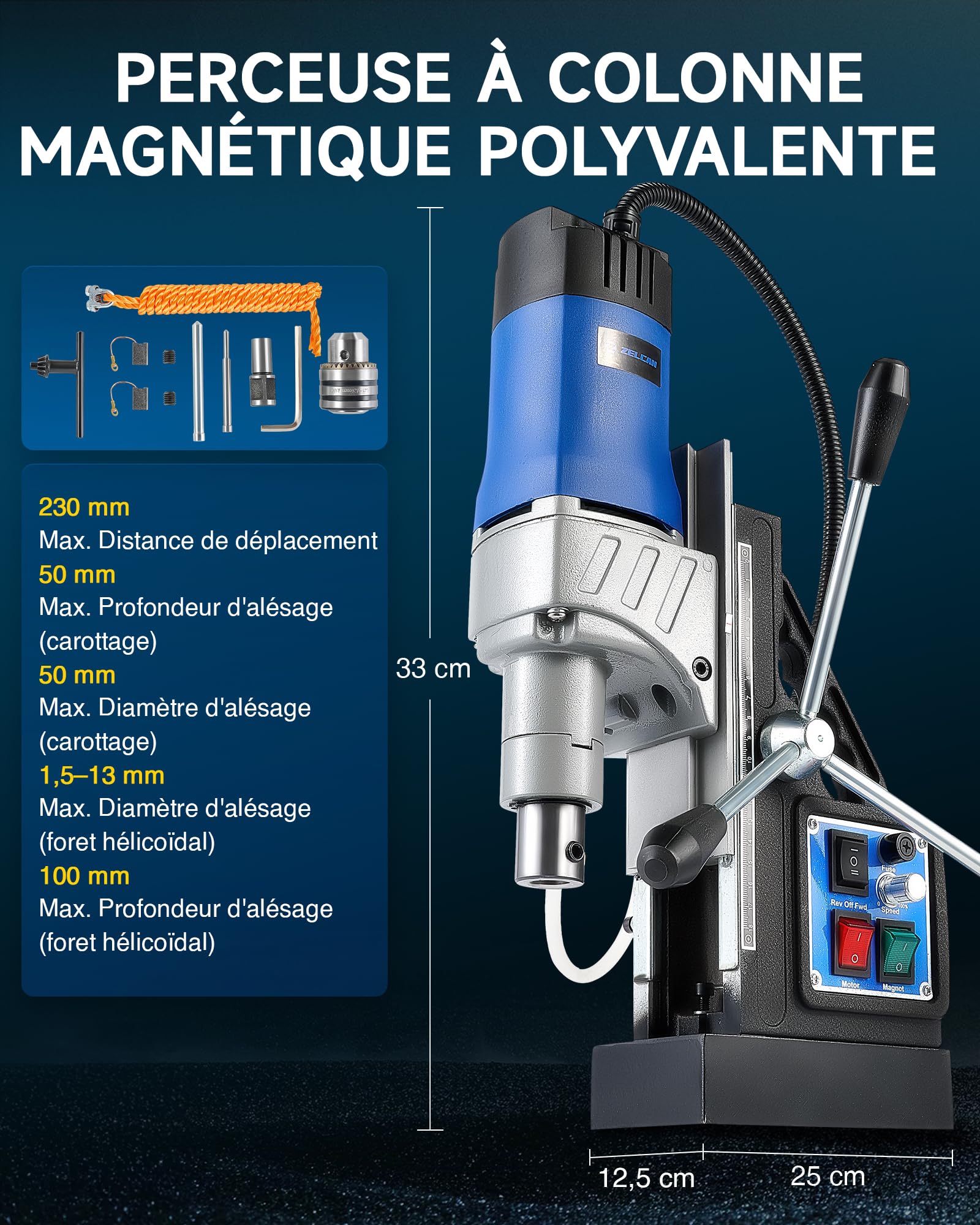 ZELCAN Perceuse Magnétique avec 11 Forets Perceuse à Colonne Électrique Portable 1550W 13000N 580 tr/min Max. Diamètre d'Alésage 50mm Max. Profondeur d'Alésage 50mm