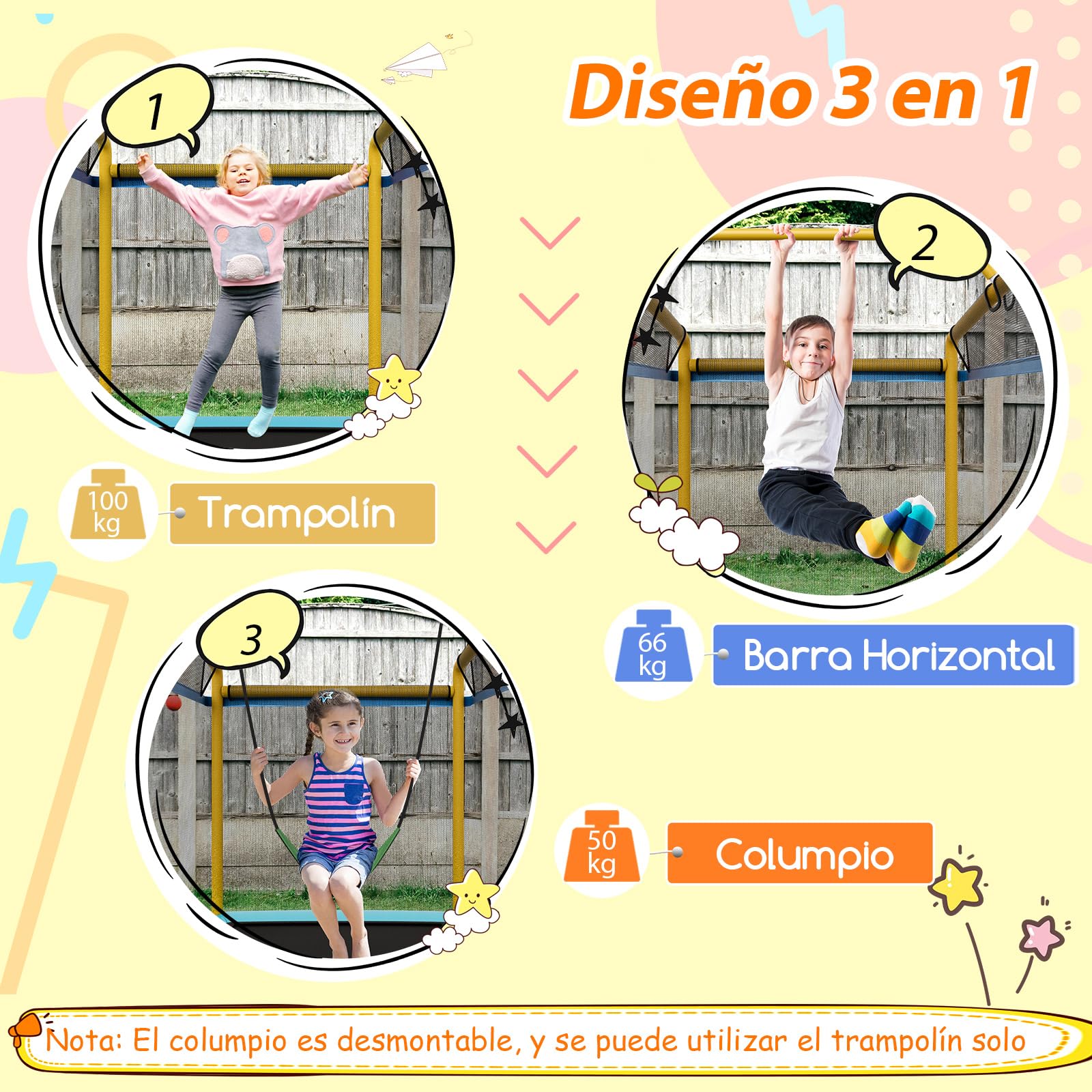 COSTWAY Cama Elastica Infantil, Trampolín para Niños Multifuncional con Columpio, Trampolín Rectangular de Entretenimiento de Capacidad de 100 kg