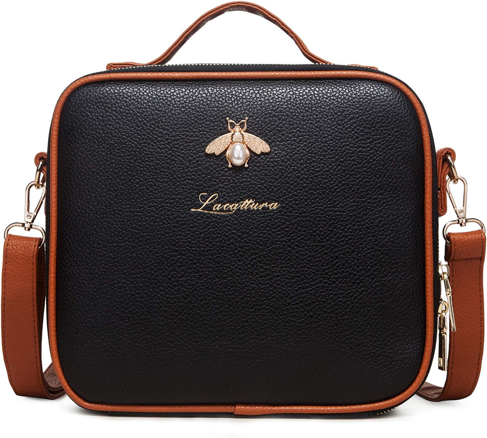 LACATTURA Travel Makeup bag, Leather Makeup Train Case Cosmetic Organizer for Makeup Brushes Toiletry Jewelry Digital Accessories, Portable Artist Storage Bag With Shoulder Strap for Women lady Black…, Black, Medium