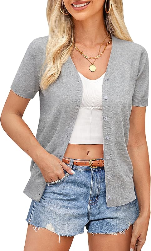 Suéteres de manga corta GRACE KARIN para mujer 2026 Cárdigan recortado ligero de verano Cuello en V Ropa informal Tops