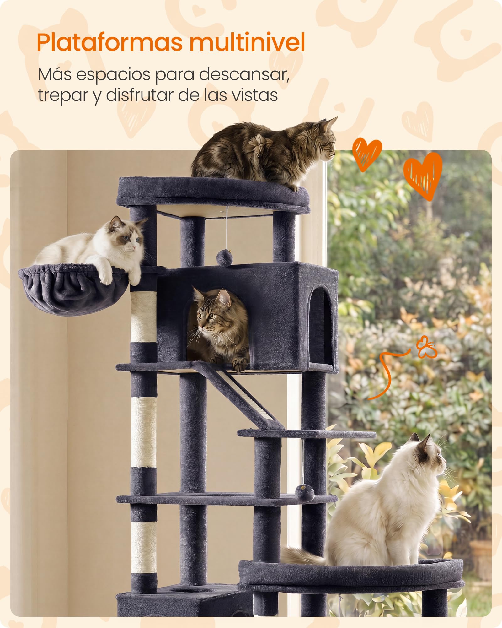 Feandrea Árbol para Gatos XXL, Torre con Postes de Sisal, Rascador con Base Doble, 105 x 45 x 202 cm, Gris Oscuro, para Gatos Grandes y Varios Felinos, Colección Clawfy PCT020G201