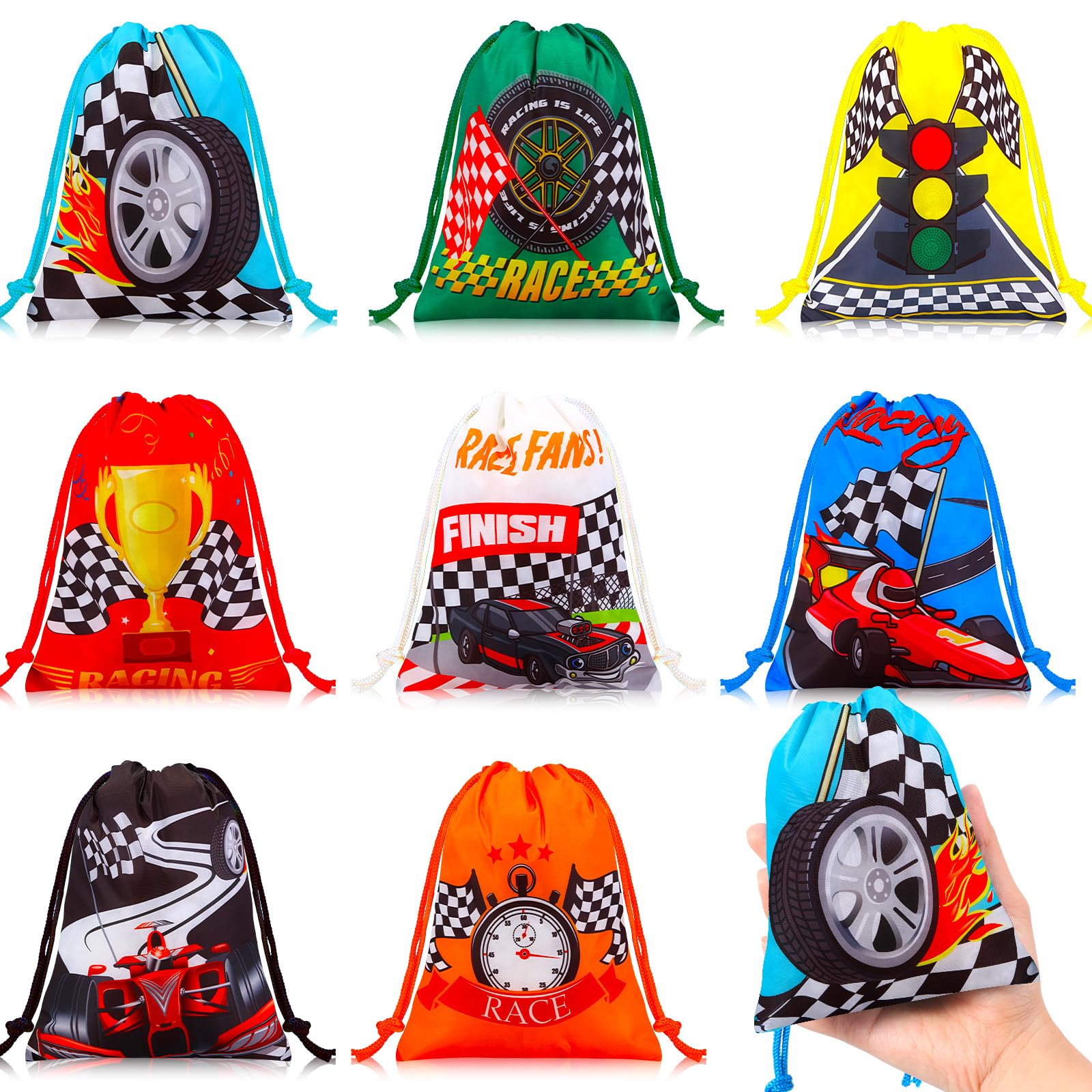 Paterr 24 Pcs Race Car Party Favor Goodie Bags with Drawstring Small Racing Car Themed Supplies Candy Treat Stuffed Tote Bags for Boys Birthday Party