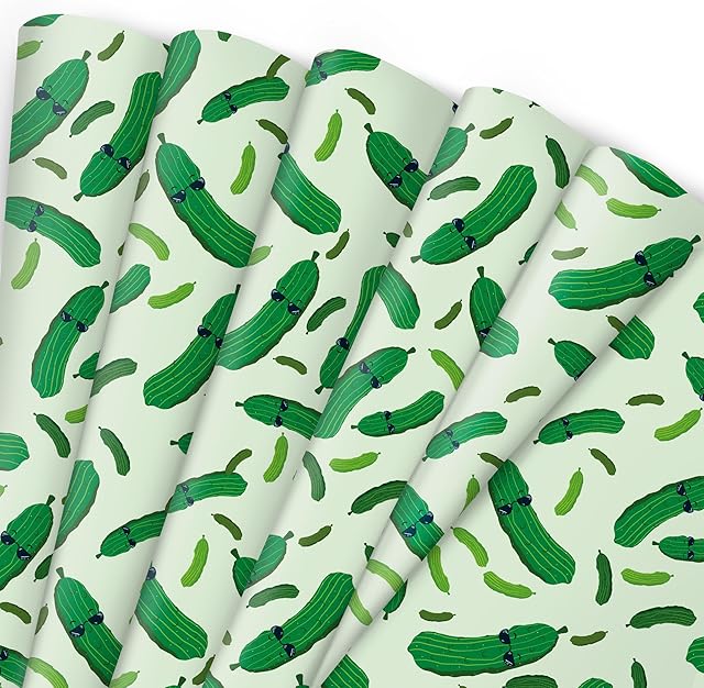 CENTRAL 23 Green Wrapping Paper - 6 Sheets of Birthday Gift Wrap with Tags - Pickles - Cucumber - For Men Women Girls Boys - Comes with Fun Stickers - Recyclable
