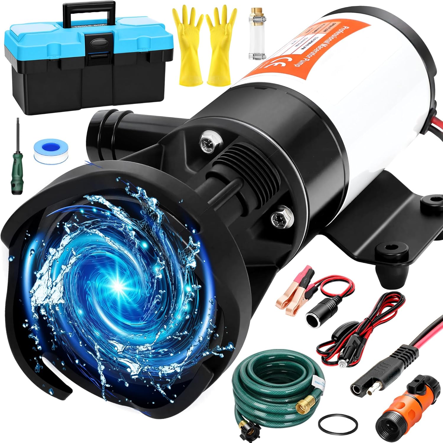 RV Macerator Pump 12V, 12GPM Self-Priming Macerator Pump for RV Kit with Storage Box and Hose, Suction 3.2 FT RV Sewer Pump System for Camper