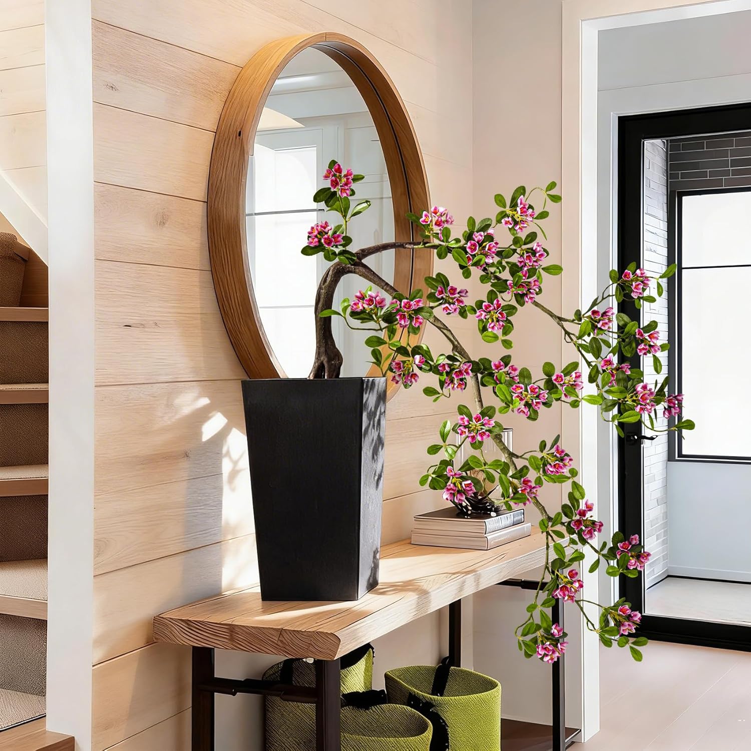 Artificial Bonsai Tree Fake Plant in Pot 2.6FT Artificial Flowers Plants Artificial Spring Flowers Tree Bonsai with Lifelike Leaves Realistic Flowers for Living Room Stairwell Patio Decor(Rose Red)