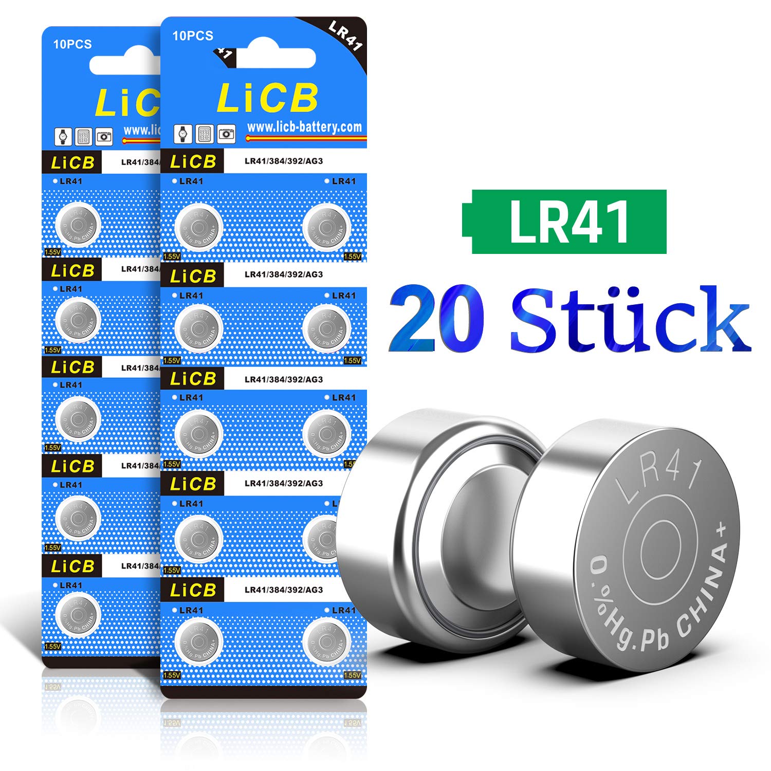 LiCB Pack of 20 LR41 button cell batteries, AG3 SR41W 392 1.5 V alkaline battery, 3 year shelf life