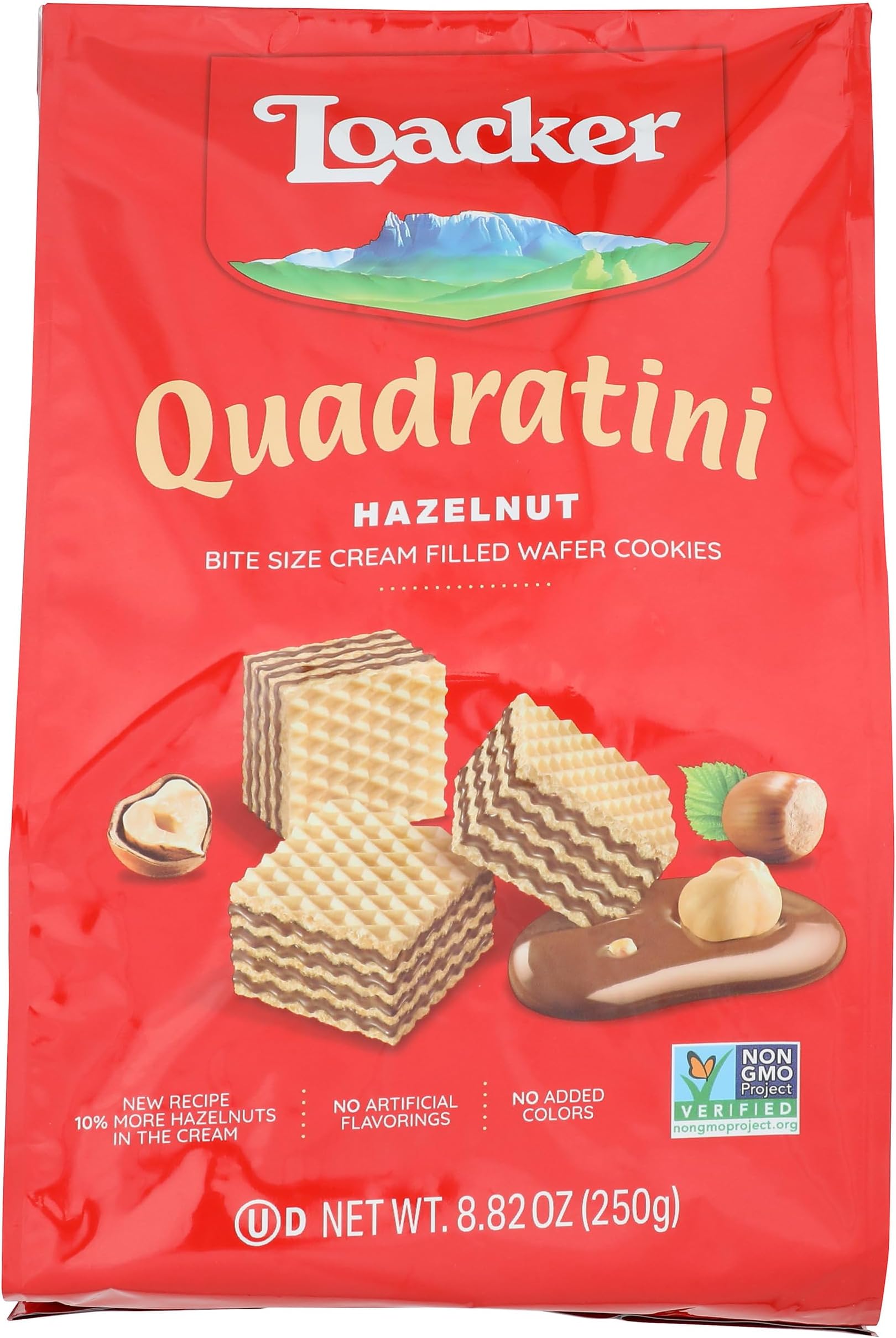 Quadratini Hazelnut Wafer Cookies - 30% Less Sugar - Premium Crispy Wafers With Hazelnut Cream Filling - Family Pack With Closure - Non-GMO - 100% Italian Hazelnuts - Lan Bag