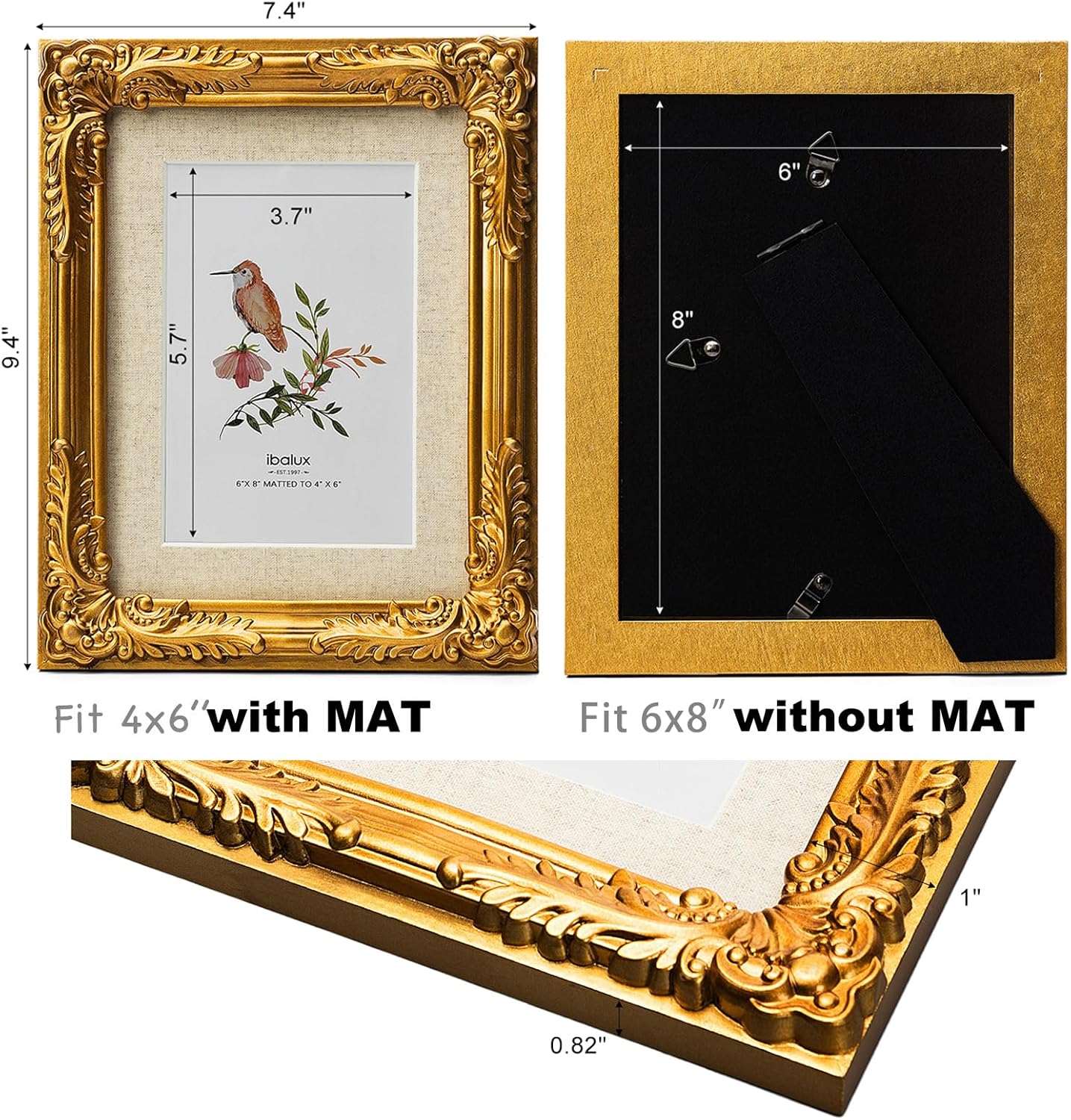6x8 Gold Picture Frame, Made of Solid MDF Wood with Real Glass, Display Photo 4x6 with Linen Mat or 6x8 without Mat, Vertical and Horizontal for Wall Hanging or Tabletop, Vintage Baroque Frame - Image 3