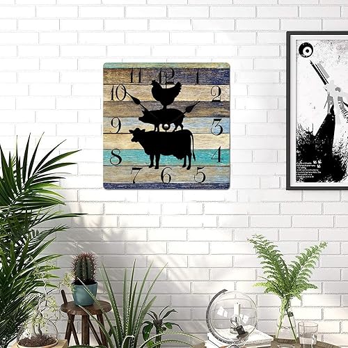 Miniatura 8 de Reloj de pared de madera con diseño de animales de granja, vaca, cerdo y pollo, reloj de pared cuadrado silencioso, estilo rústico, decorativo,