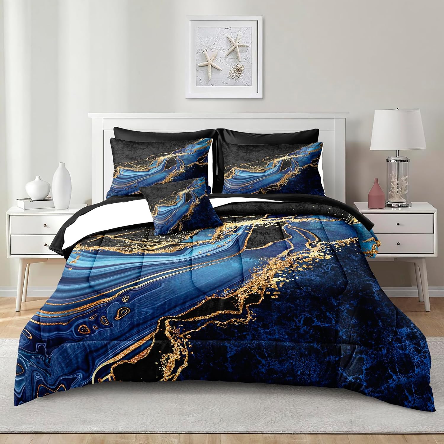 Blue and Gold Comforter Blue Marble Bedding Set 8 Pieces Full Bed in a Bag with 1 Black Gold Comforter, 1Flat Sheet, 1 Fitted Sheet, 4 Pillowcases, 1 Marble Cushion Cover