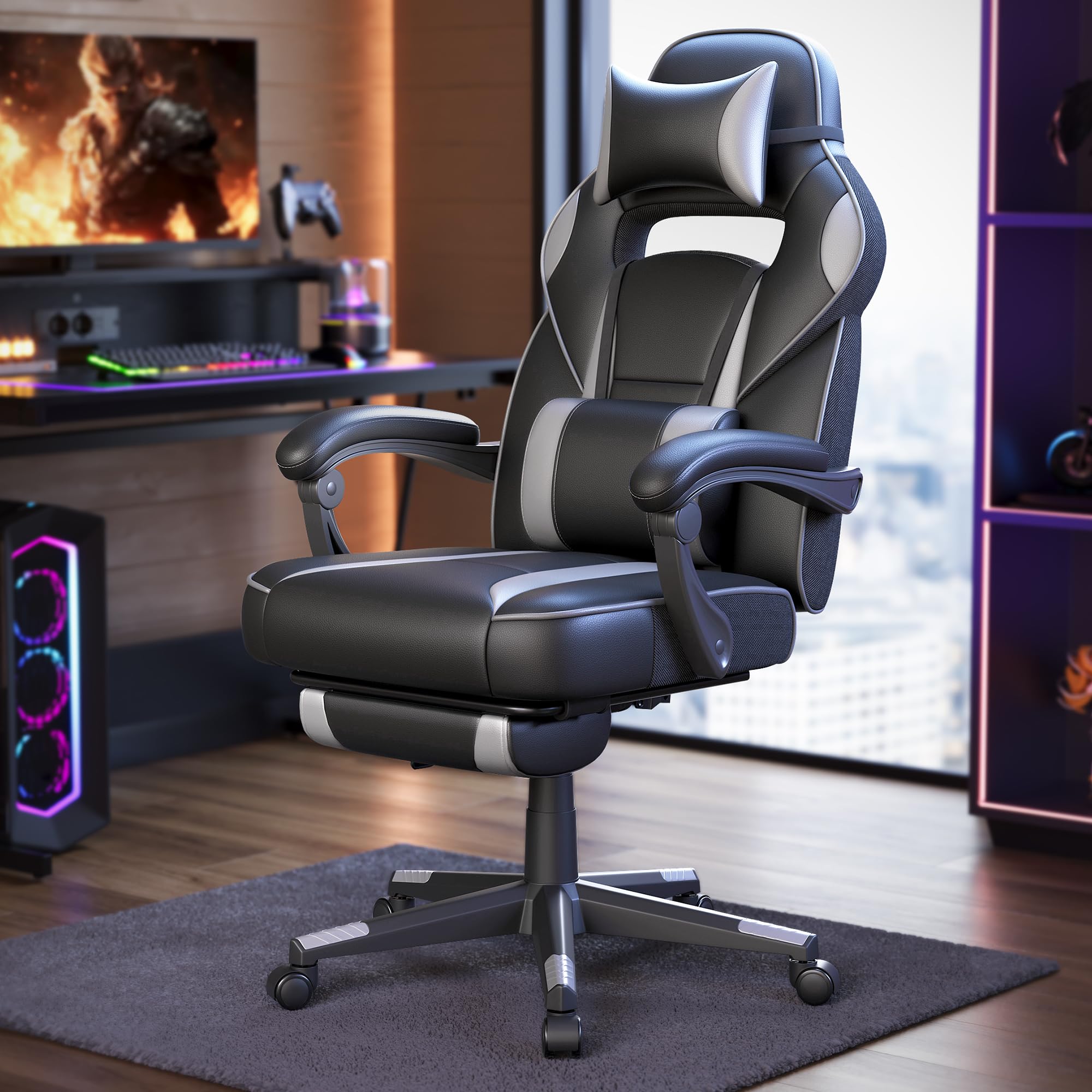 SONGMICS Fauteuil de Bureau, Chaise Gaming, RÉglable, Repose-pieds TÉlescopique, MÉcanisme À Bascule, Appui-tÊte, Support Lombaire, Charge 150 kg, Noir d'Encre et Gris Tourterelle OBG073B03