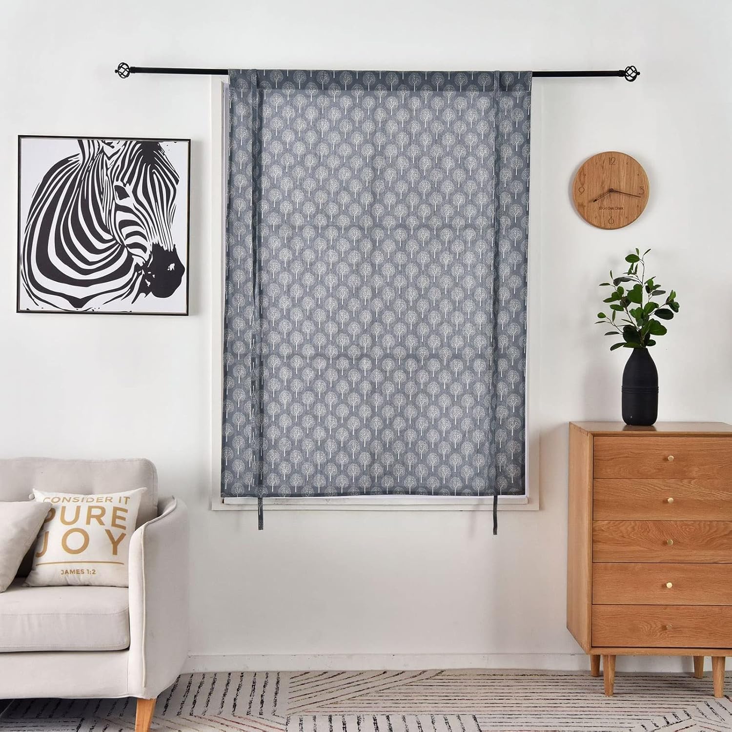 LUNEZY Grey Geometry Printed Tie Up Curtains Window Coverings, 1 Panel, 46" W X 63" L Kitchen Privacy Curtain, Roman Shading Blinds Curtain for Indoor Bathroom Bedroom