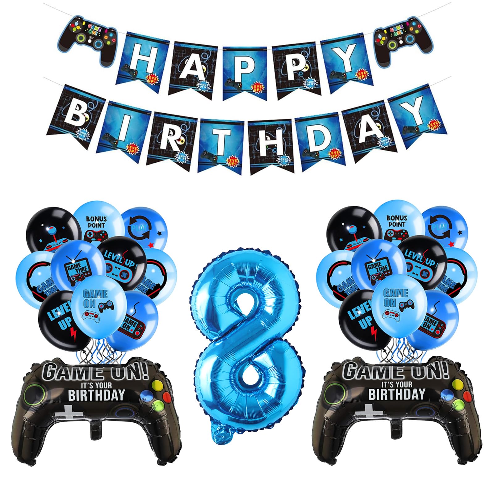 Birthday Party Decorations Set for Boys - Blue Gaming Party Banner & Balloons Set with Controller Foil Balloon - Birthday Banner and Balloons for Boy Party Supplies (8th)
