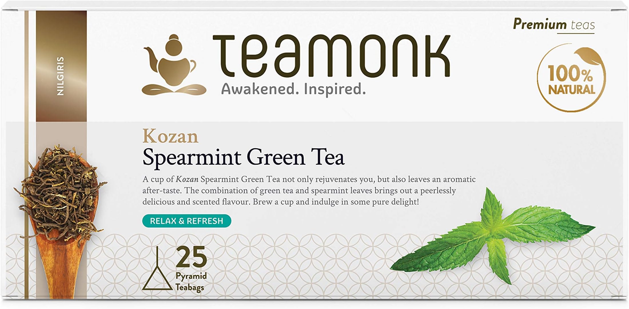 Teamonk Nilgiri Kozan Spearmint Green Tea Box - 25 Teabags Filled With Whole Loose Leaves | Slimming Tea