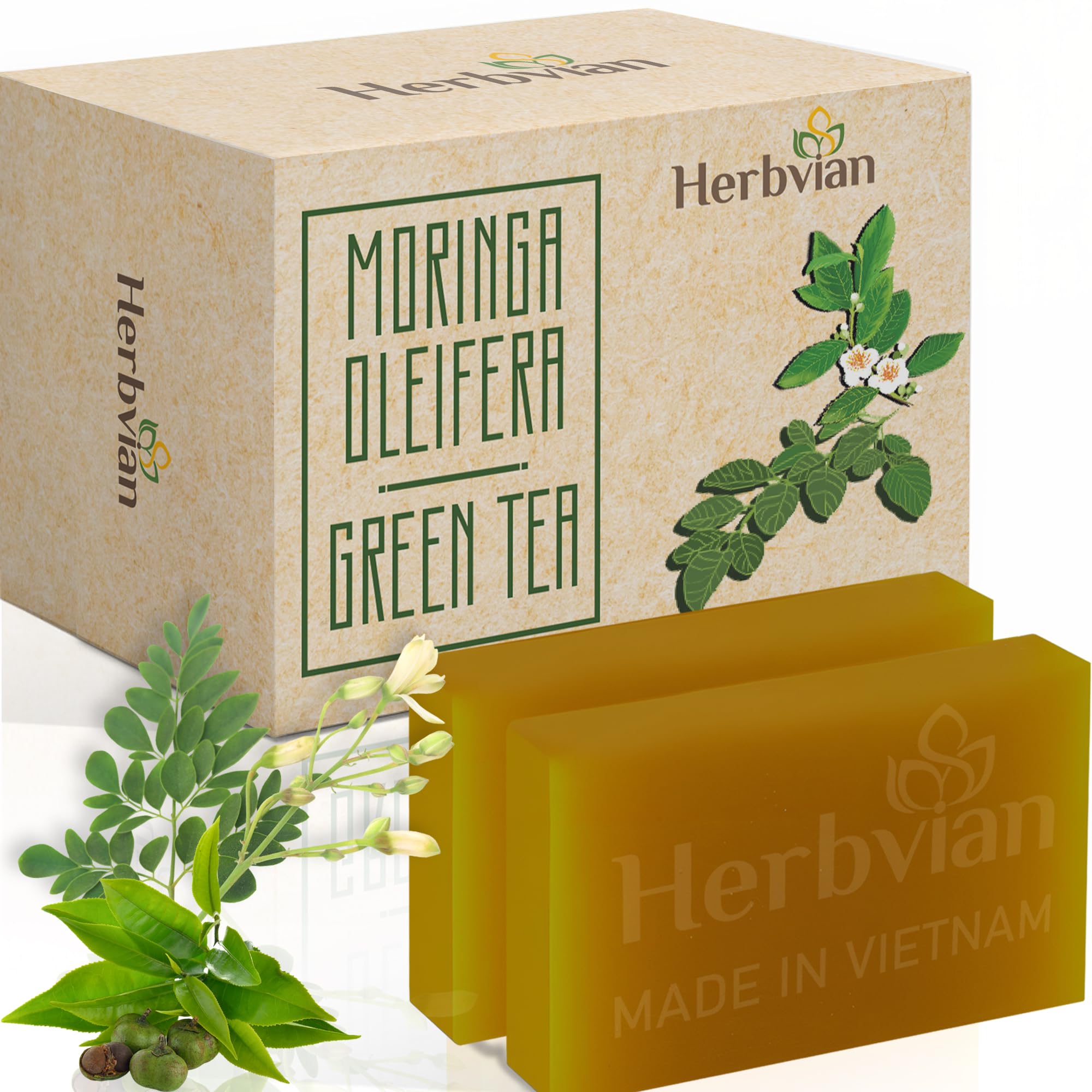 2 Pcs Moringa & Green Tea Soap Bars, Controlling Body Odor Bar Soap, with Ocimum Gratissimum and Piper Betle, Exfoliating, Moisturizing Facial Cleanser for Men, Women, Teen and All Skin Types