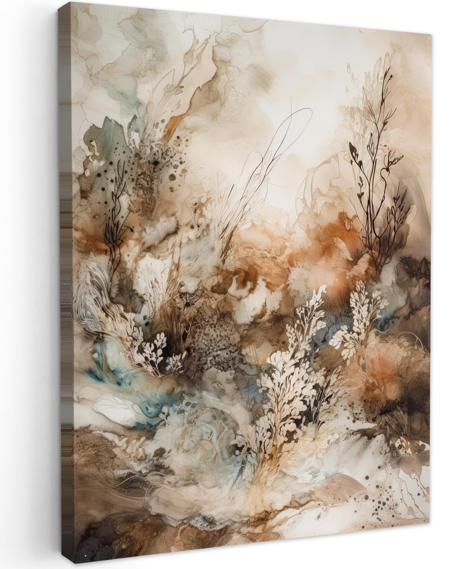 MuchoWow© Canvas Wall Art 24"x31" / 60x80 cm Decor Paintings Prints framed on Canvas Decorations Wallart Abstract - Beige - Paint - Art - Nature - Flowers