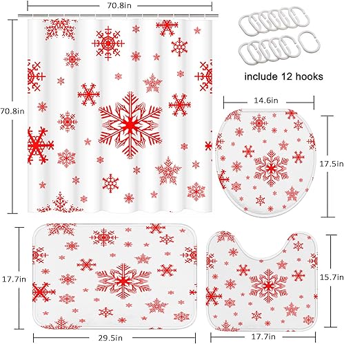 Miniatura 5 de Emvency Juego de cortina de ducha de copo de nieve de Navidad con cubierta de tapa de inodoro y alfombras antideslizantes, juego de 4 alfombras
