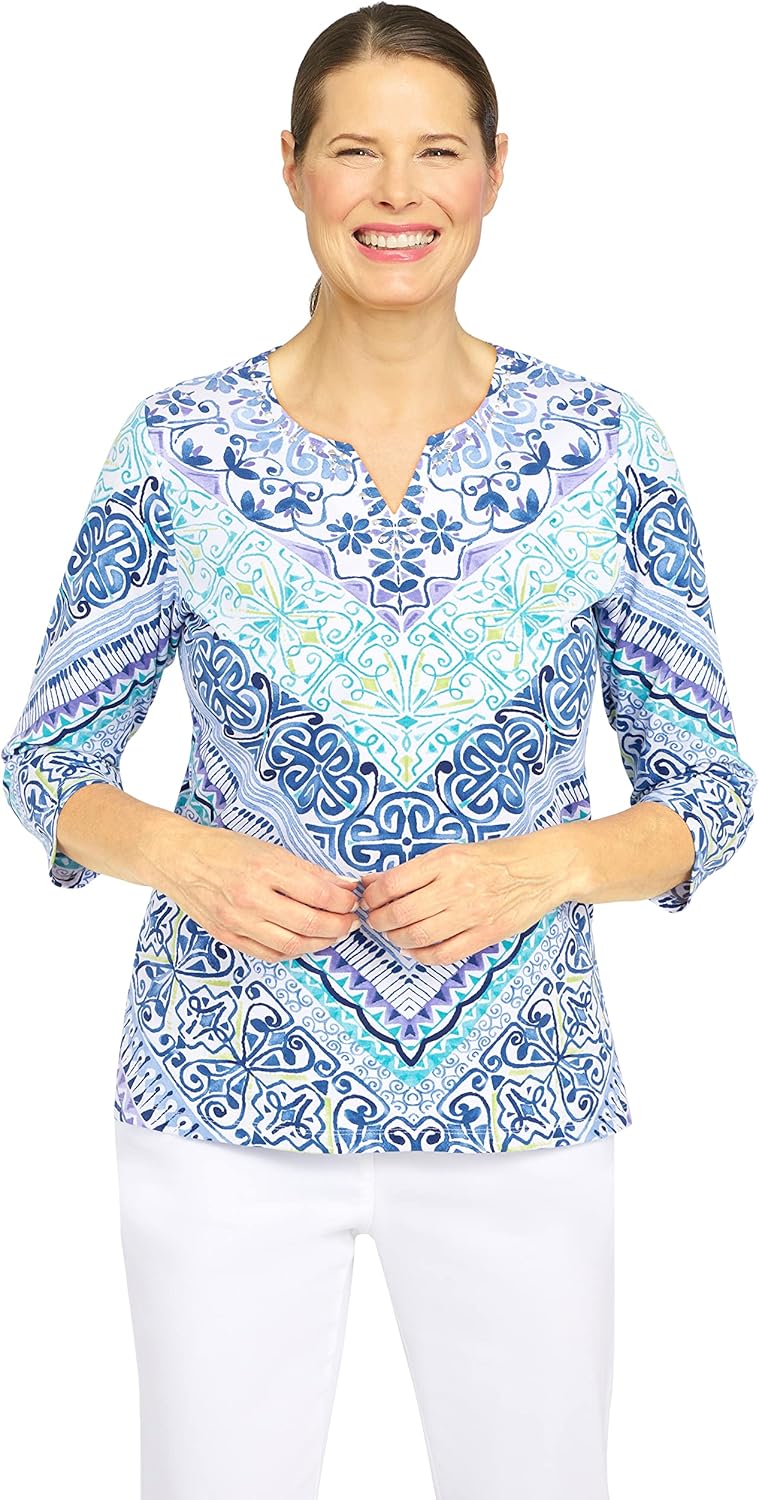 Alfred Dunner Chevron Scroll Knit Top Cotton with Split Neck (as1, Alpha, m, Regular, Regular, Standard, Multi) - Image 2