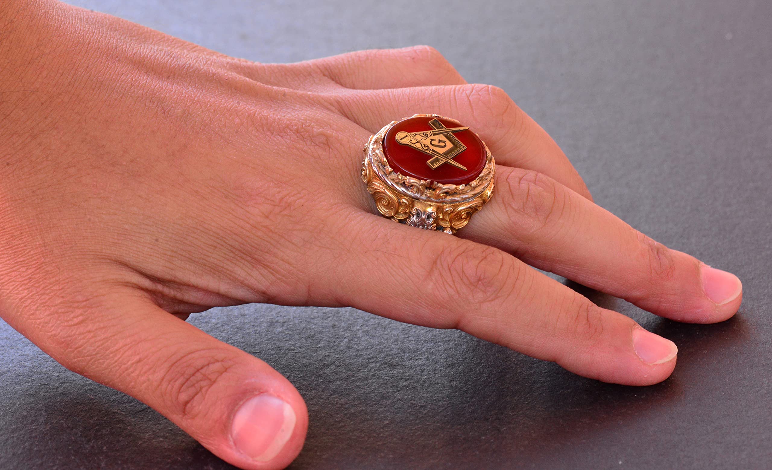 KAMBO Anillo gótico, anillo Master Mason, de plata de ley, Plata Bronce, Cornalina