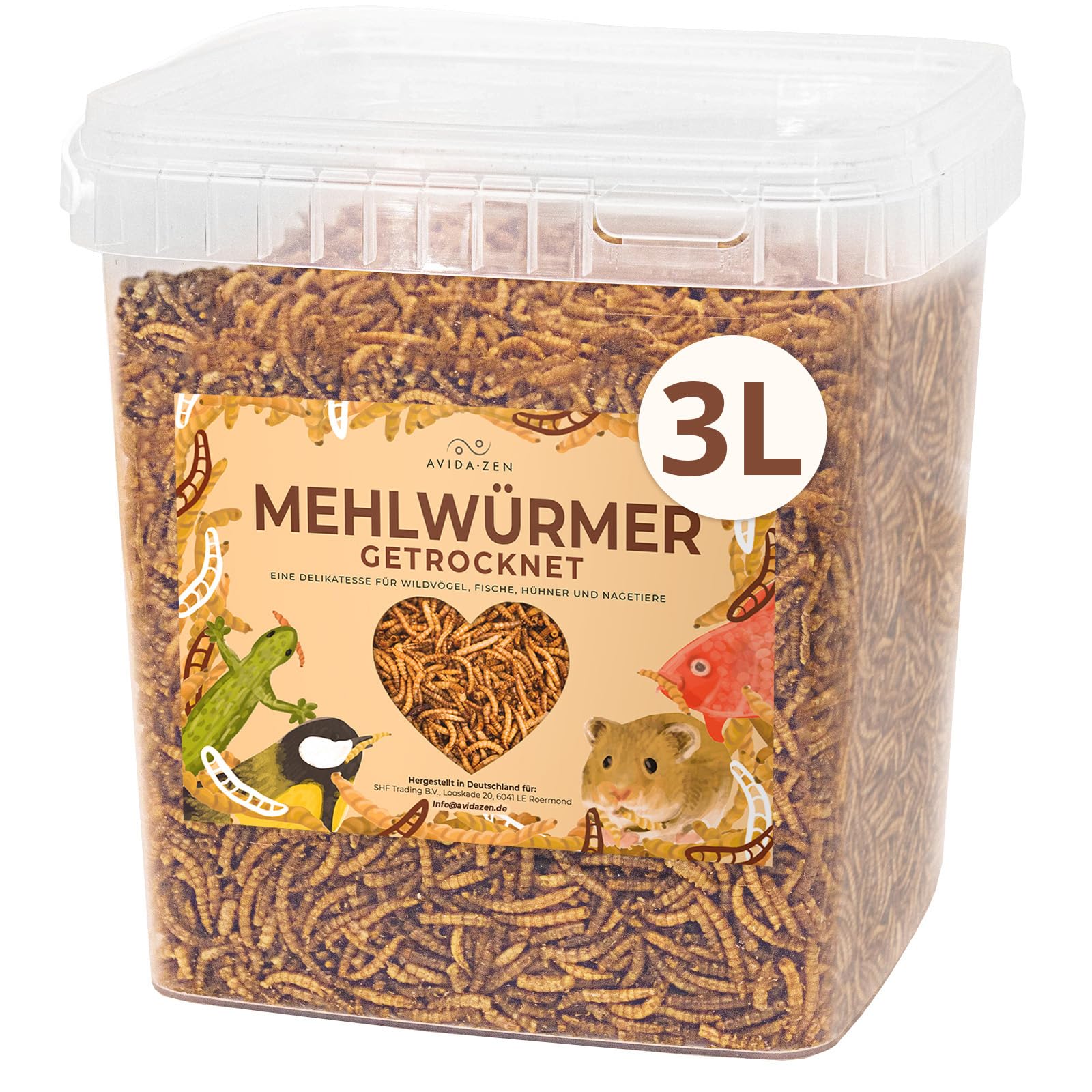 AVIDA ZEN Mehlwürmer getrocknet 3 ltr., ideal als Wildvogelfutter und Igelfutter, getrocknete Mehlwürmer, nährstoffreicher Snack für Nager, Reptilien, Vögel, Fische, Igel, Schildkröten