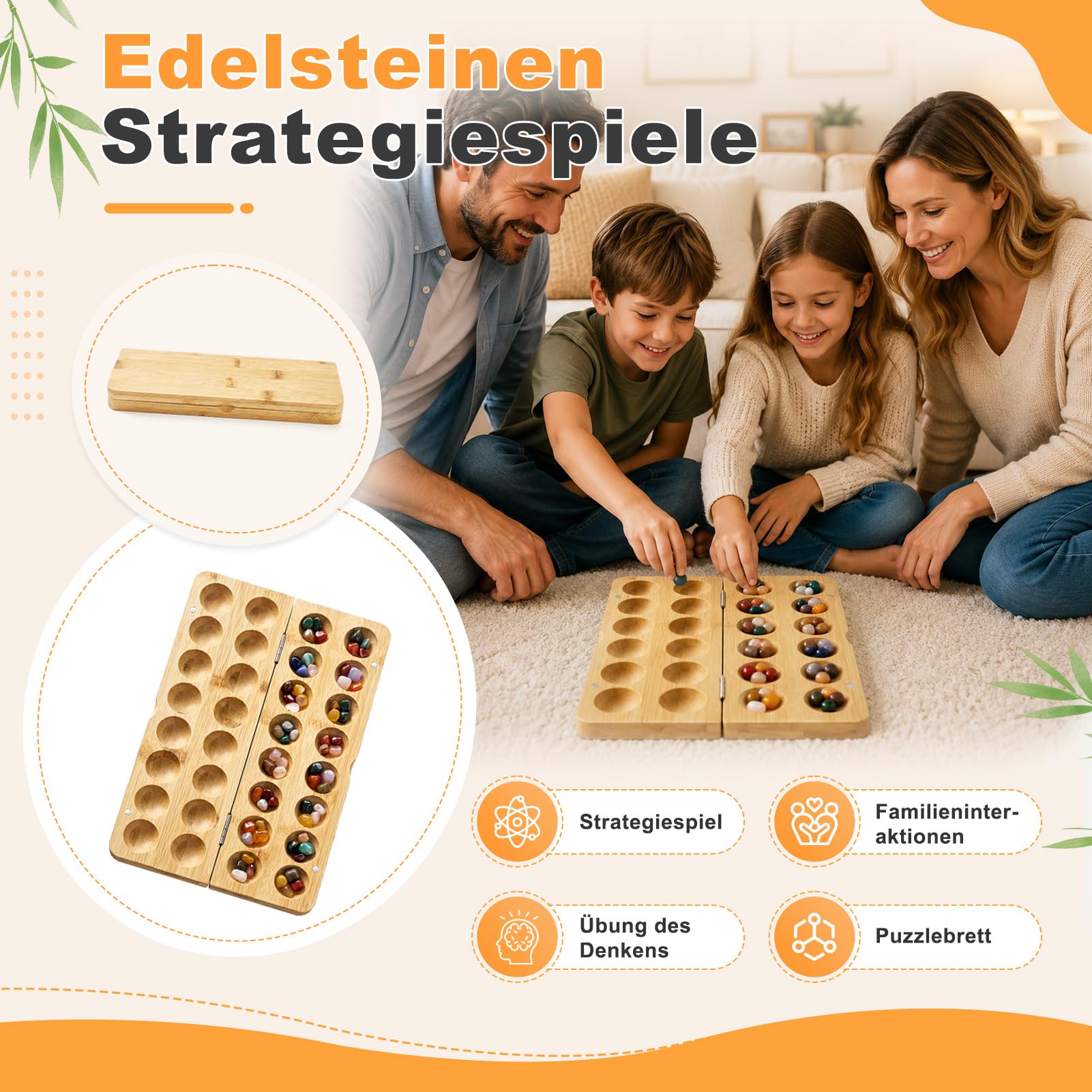 Steinchenspiel Holz mit Steinen, Klappbares Holzbrett, Edelsteinen Strategiespiele, Zweispieler Steinspiel für Familie Party Schule Reise, 65 Juwelen
