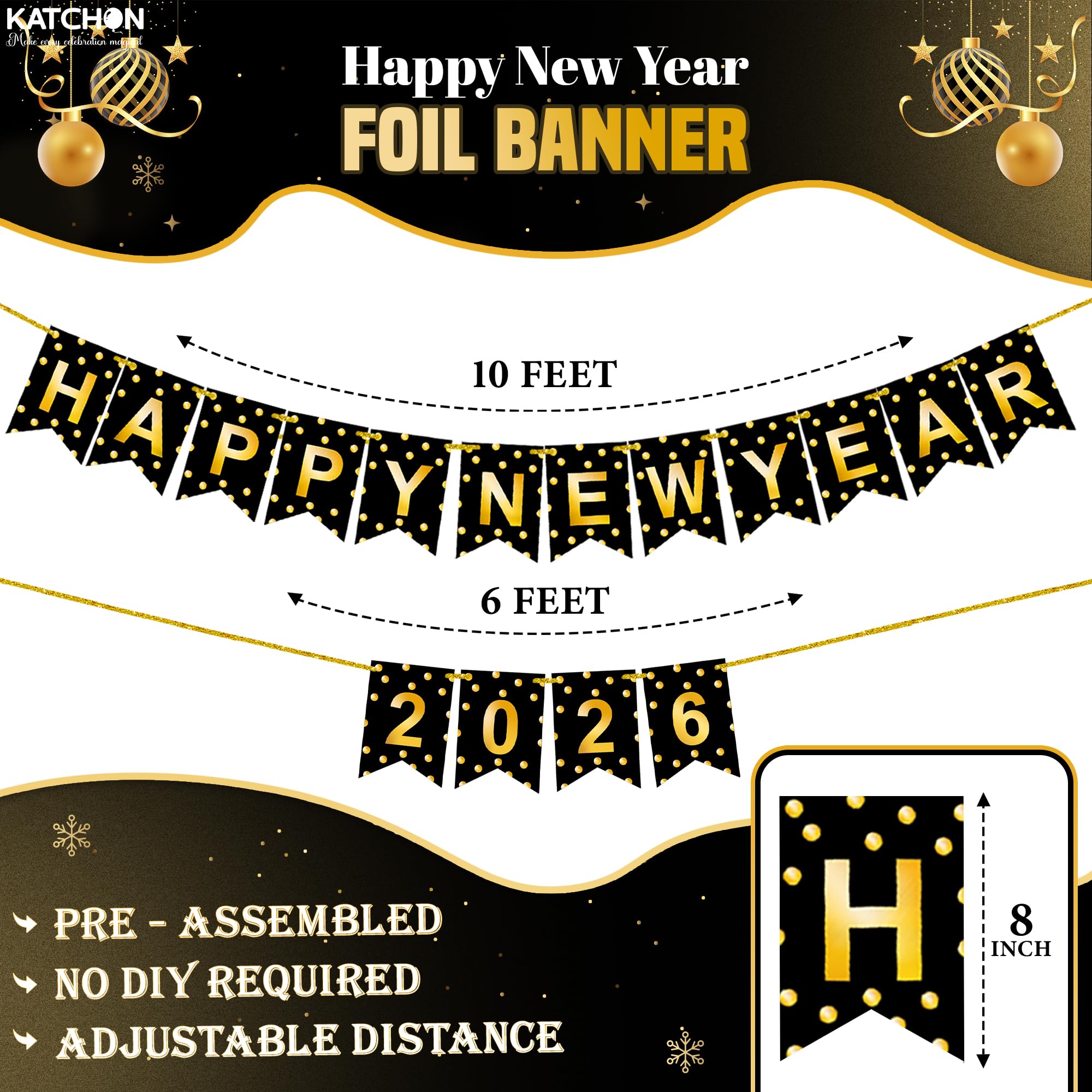KatchOn, Happy New Year Banner 2026 - No DIY, 10 Feet, Black, 10 feet by 6 feet - Image 2