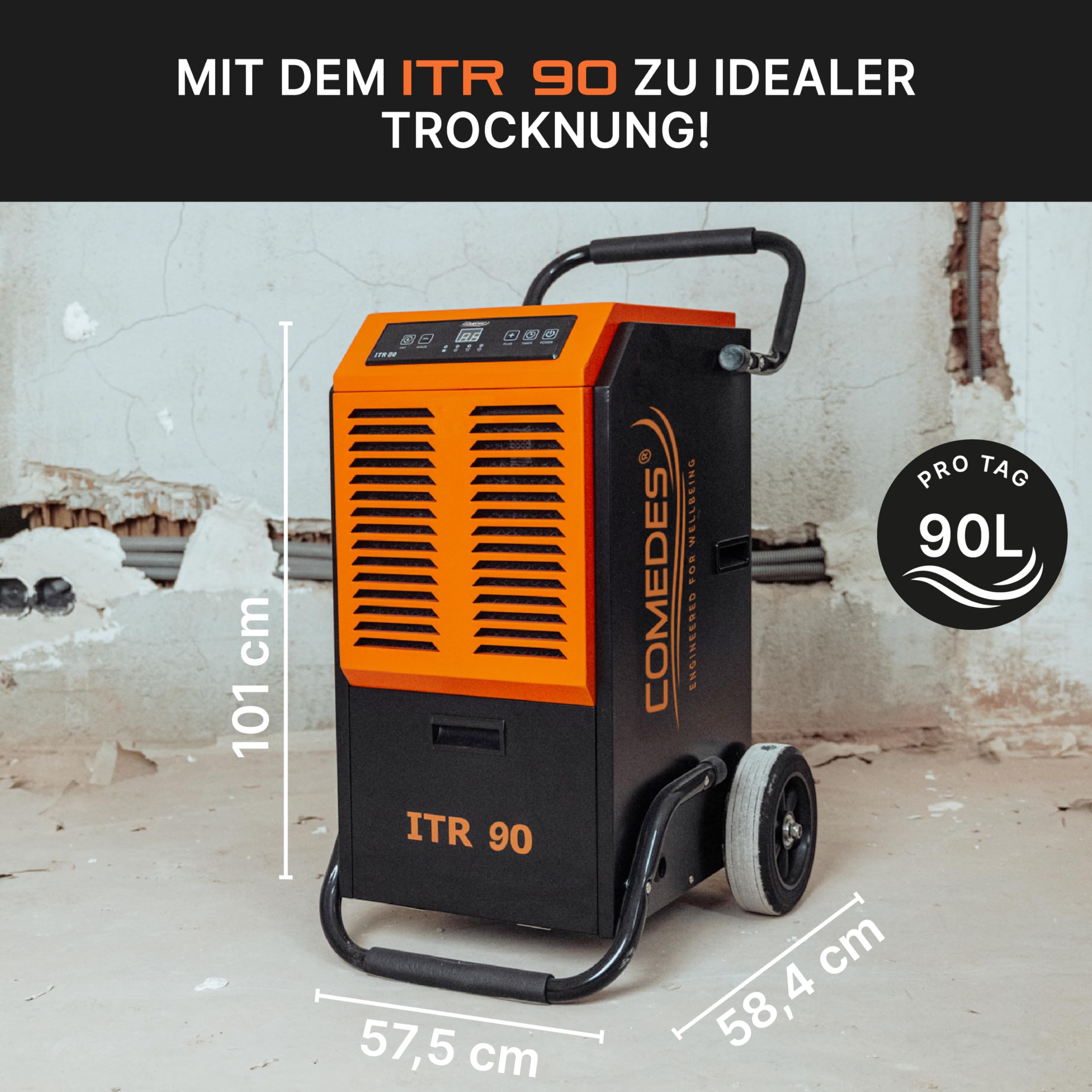 Comedes Deumidificatore ITR 90 (max.90 litri/24h) con pompa di drenaggio, adatto per ambienti e cantine fino a 150 m²/345 m³