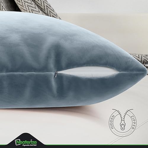 Miniatura 3 de NEATERIZE Juego de 2 fundas de almohada de terciopelo de alta calidad de 18 x 18 pulgadas, color azul polvoriento, fundas de almohada de tela