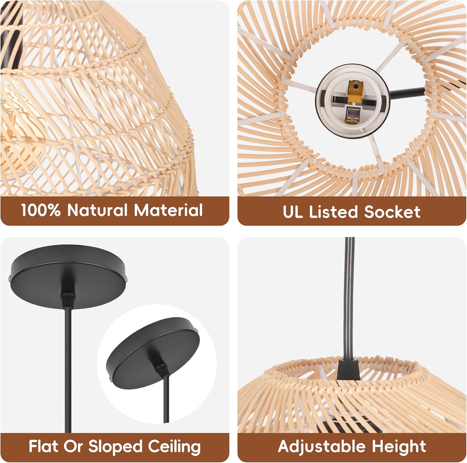 13.7" Boho Rattan Chandelier Light Fixture, 1-Light Hand Woven Small Pendant Lights Kitchen Island Wicker Farmhouse Rustic Hanging Lamp for Dining Room, Bedroom, Living Room, Entryway, Foyer