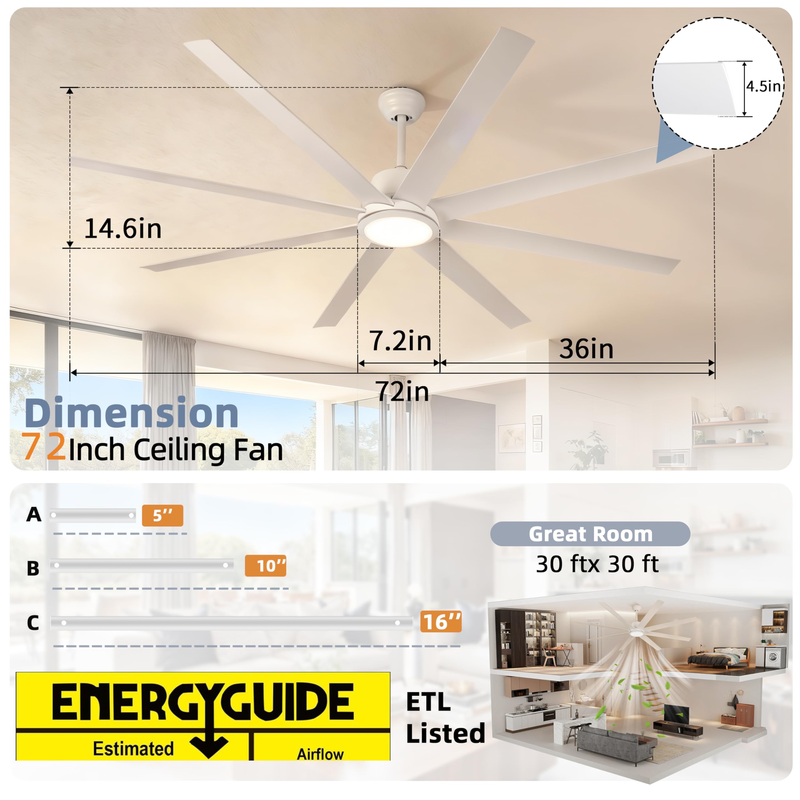 72 Inch Large Ceiling Fans with Lights and Remote Control 6 Wind Speeds LED Dimmable DC Reversible Modern — view 6