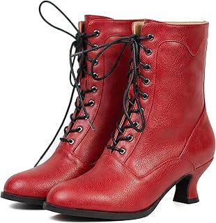 Women's Victorian Ankle Boots - Mid Calf, Round Toe, Black Boots with Chunky Heel & Lace Up Detail