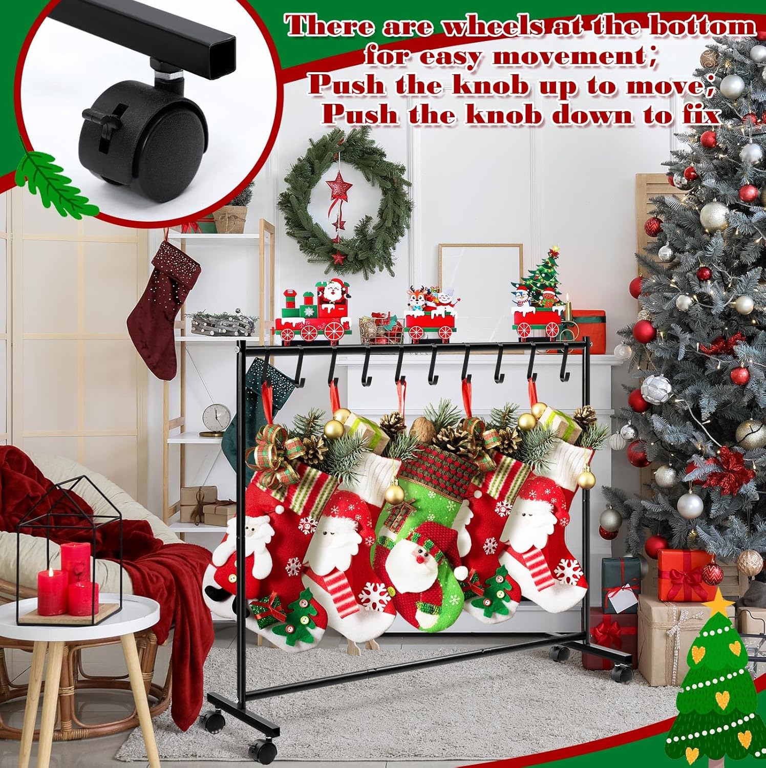 35 x 31 Inches Christmas Stocking Holder Stand with 10 Hook Metal Heavy Duty Free Standing Christmas Stocking Rack Stand with Wheels Merry Christmas Stocking Decorations Living Room