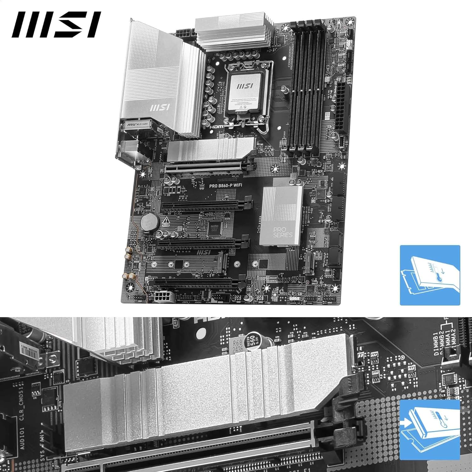 MSI PRO B860-P WIFI Motherboard, ATX - Supports Intel Core Ultra Processors (Series 2), LGA 1851-12 DRPS, DDR5 Memory Boost (8600+ MT/s OC), PCIe 5.0 x16 and 4.0 x16, M.2 Gen5, Wi-Fi 7, 5G LAN