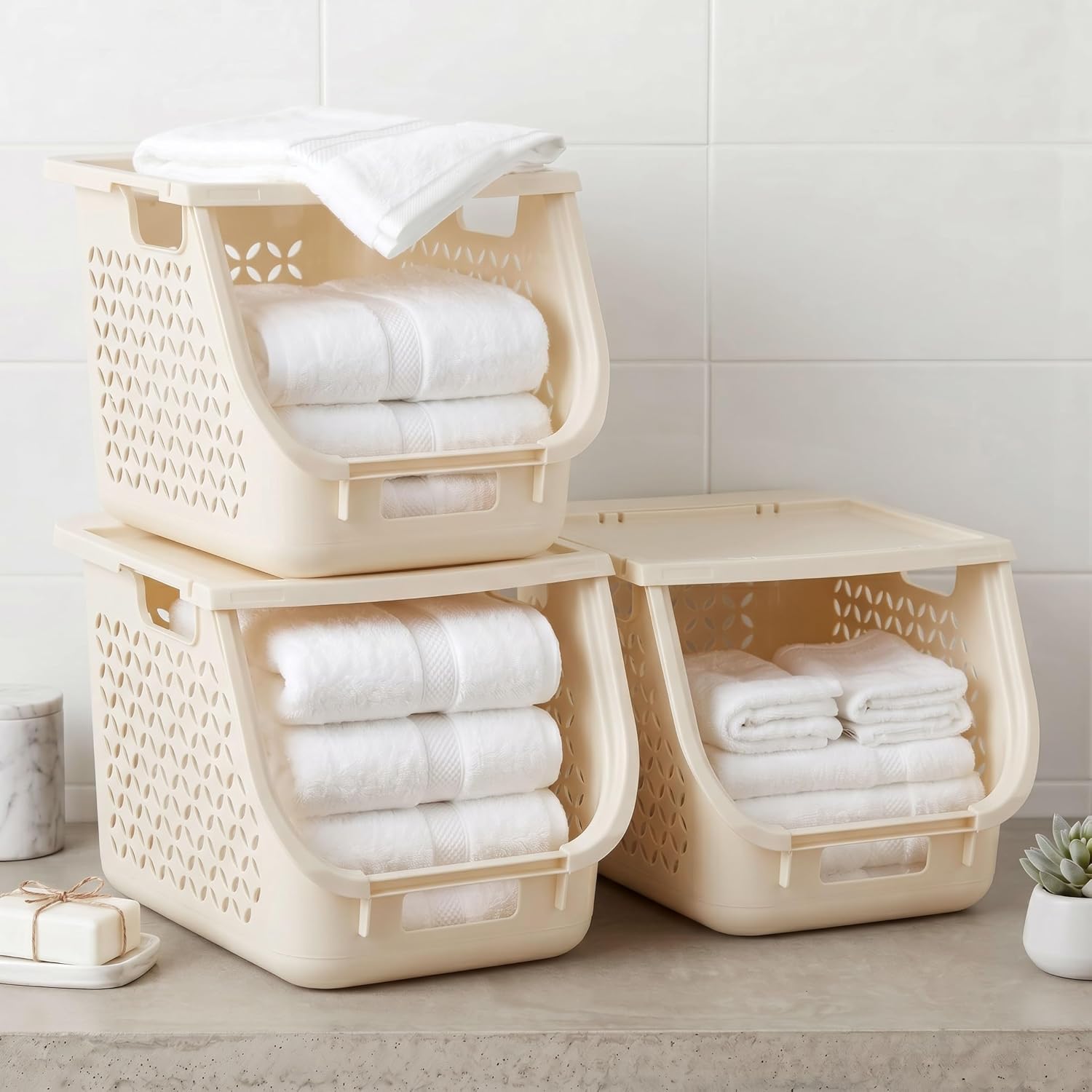 IRIS USA Laundry Basket Hamper, 40L - 3 Pack Stackable Plastic Clothes Sorter Bin with Lids, Open Front, Built-In Handles, Dorm Bedroom Laundry Room, Off White