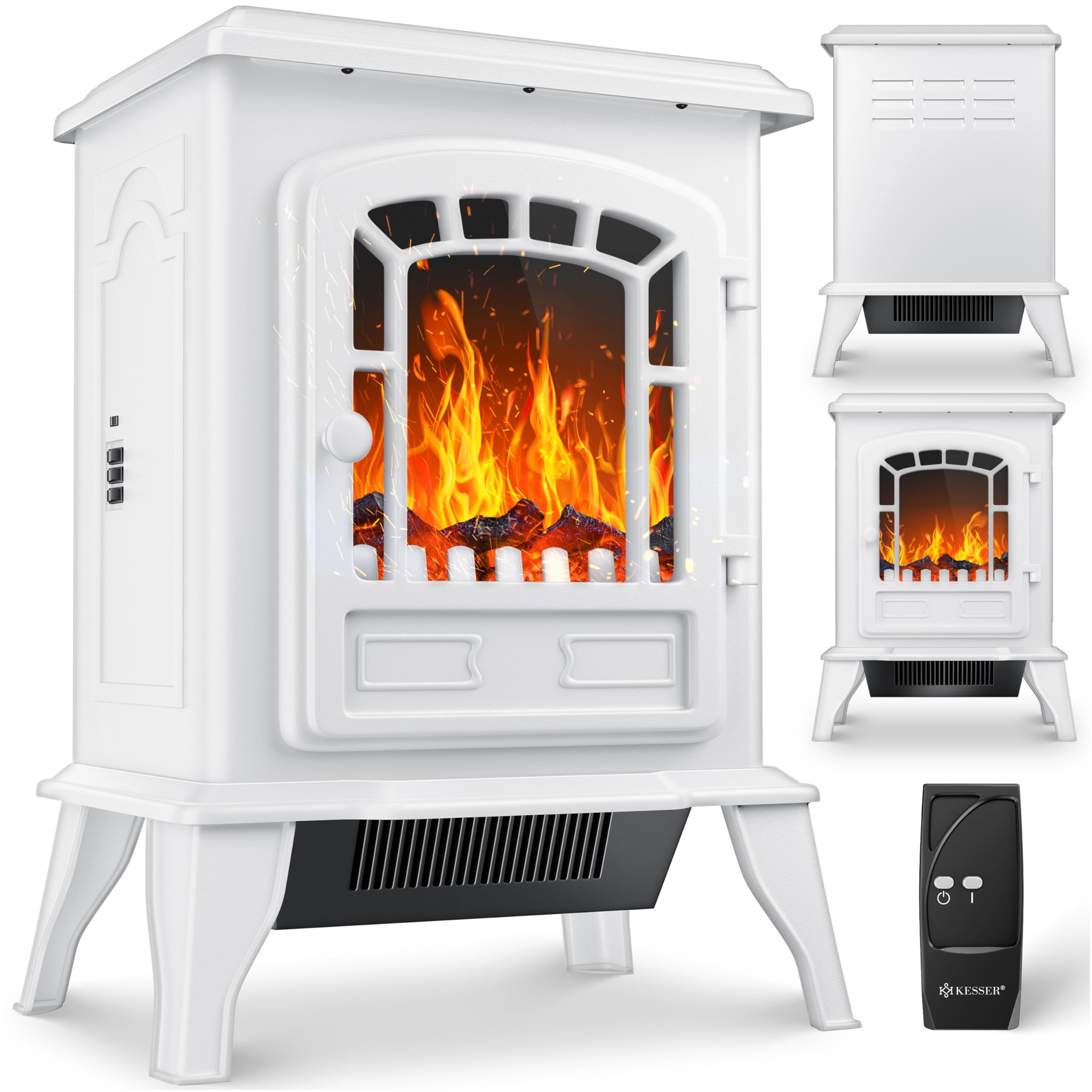 KESSER® Elektrokamin mit Heizlüfter & Fernbedienung 2000W Elektro Kamin Elektrischer Heizung LED Kaminfeuer Effekt Kaminofen Flammeneffekt Heizer Ofen geräuscharm regelbar Weiß