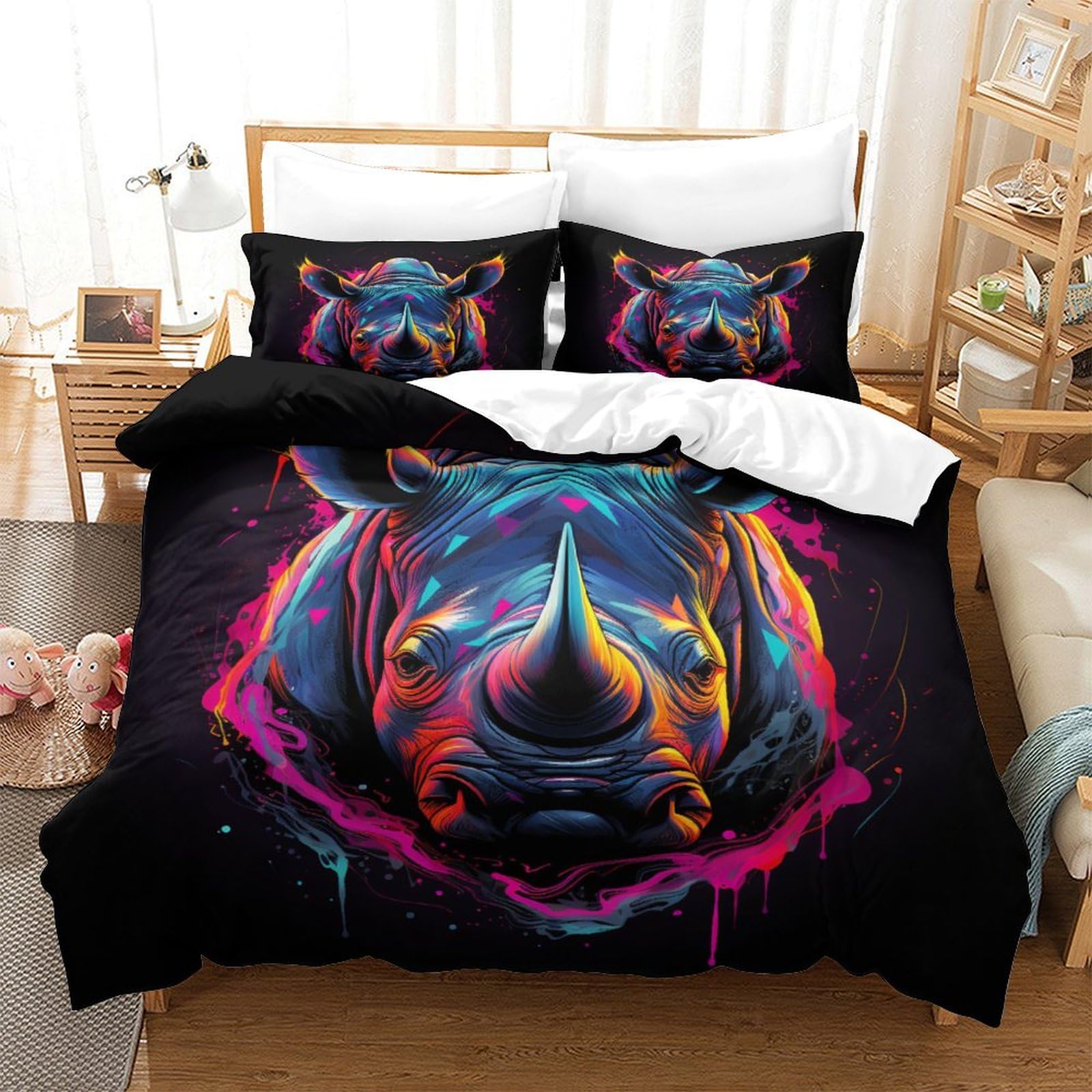 Housse de couette 260x220 cm Rhinoceros avec 2 taies d'oreiller pour lit super king size