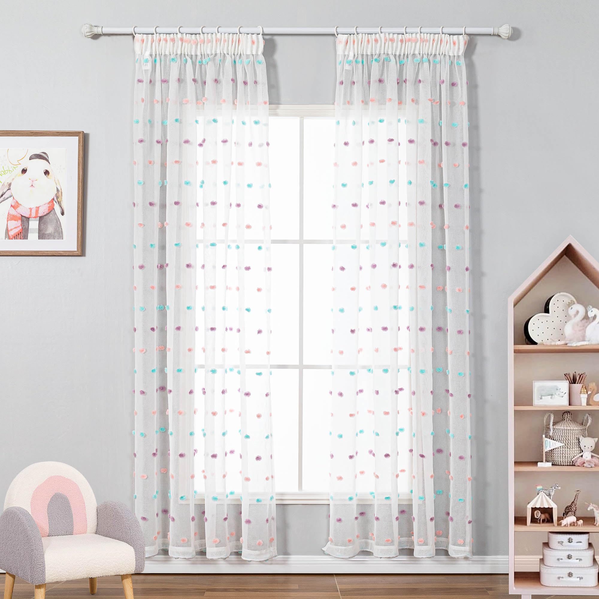 MYSKY HOME Lot de 2 rideaux avec ruban fronceur Voile transparent Rideaux pour chambre d'enfant Rideaux arc-en-ciel pour salon Moderne broderie transparente Dekoschal pour chambre à coucher, H 215 x L