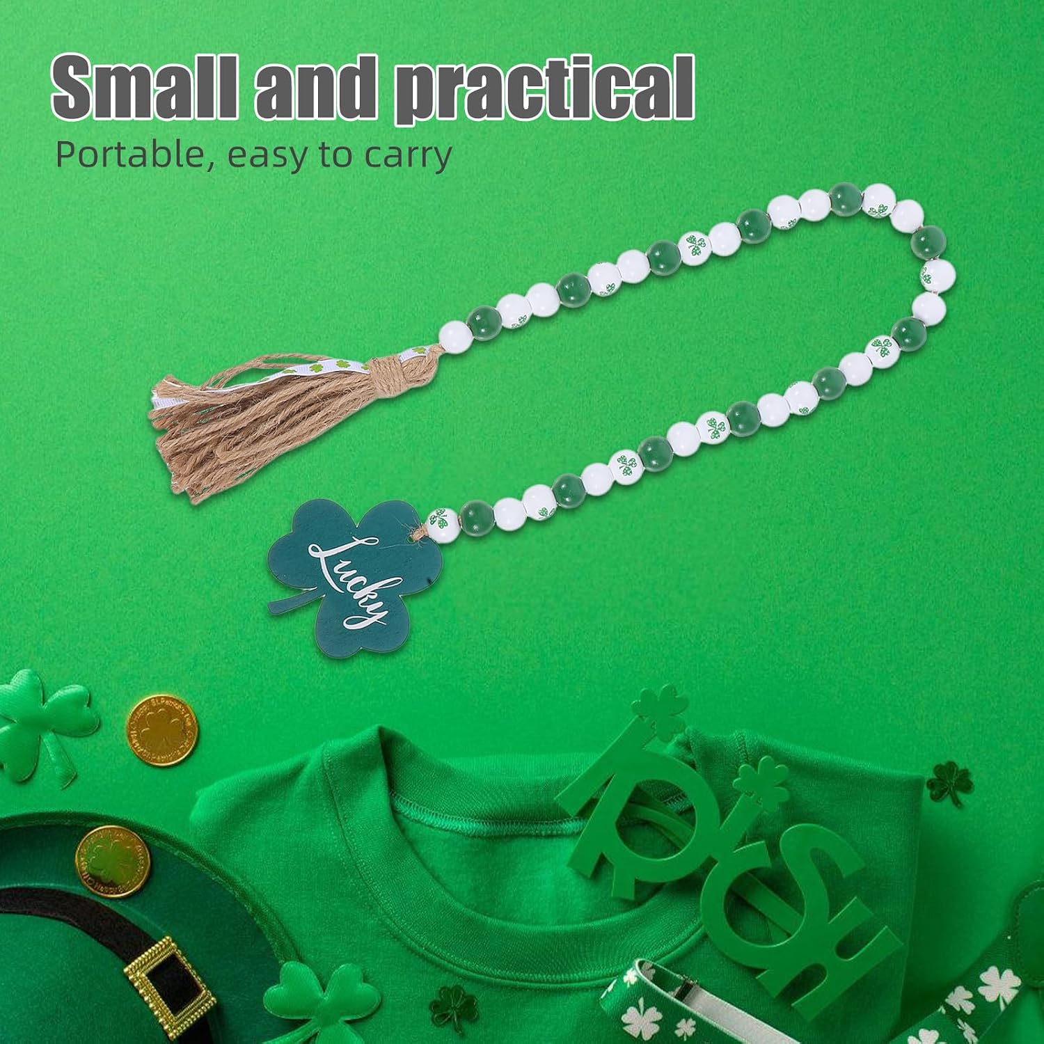Cabilock St Patrick's Day Decoration Wood Beads Garland with Tassels Farmhouse Shamrock Decor Pendant Boho Beads for Home Decor,Wall Hanging Decoration (White Green)